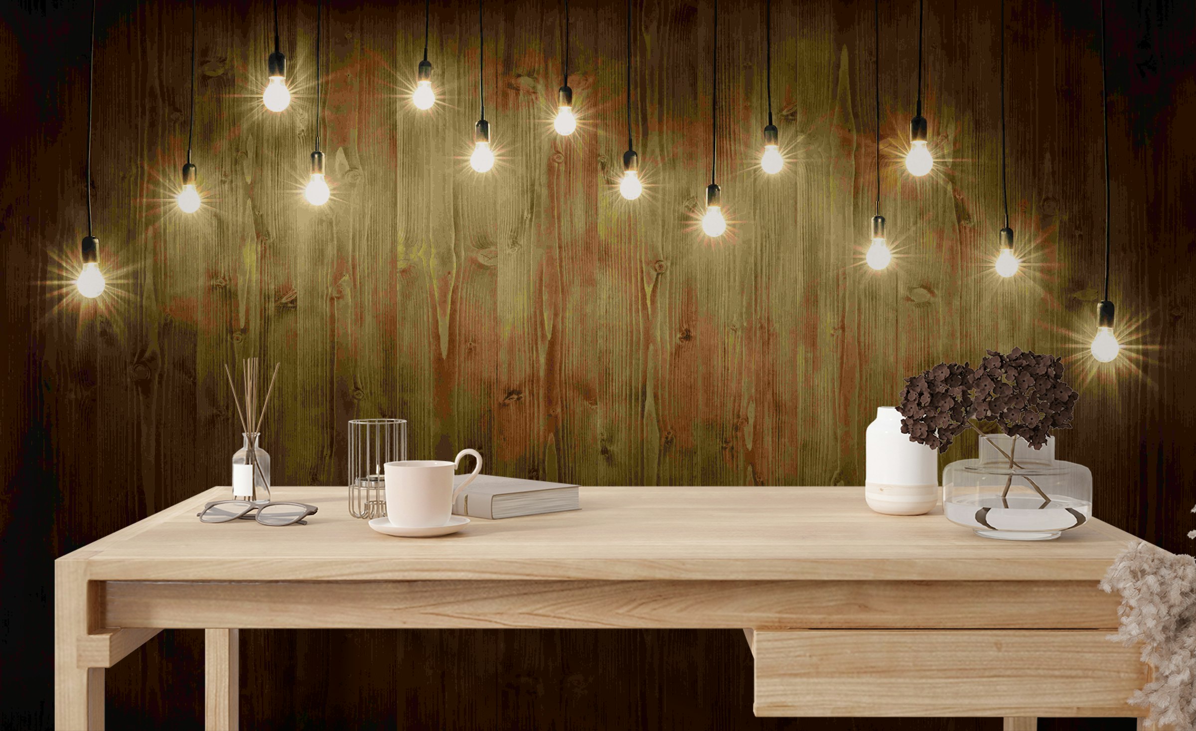 Peel and Stick String of Lights Wood Wall Mural