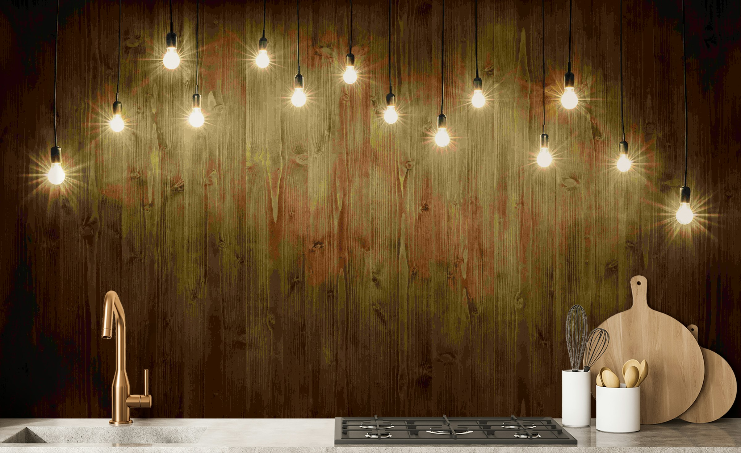 Custom made String of Lights Wood Wall Mural