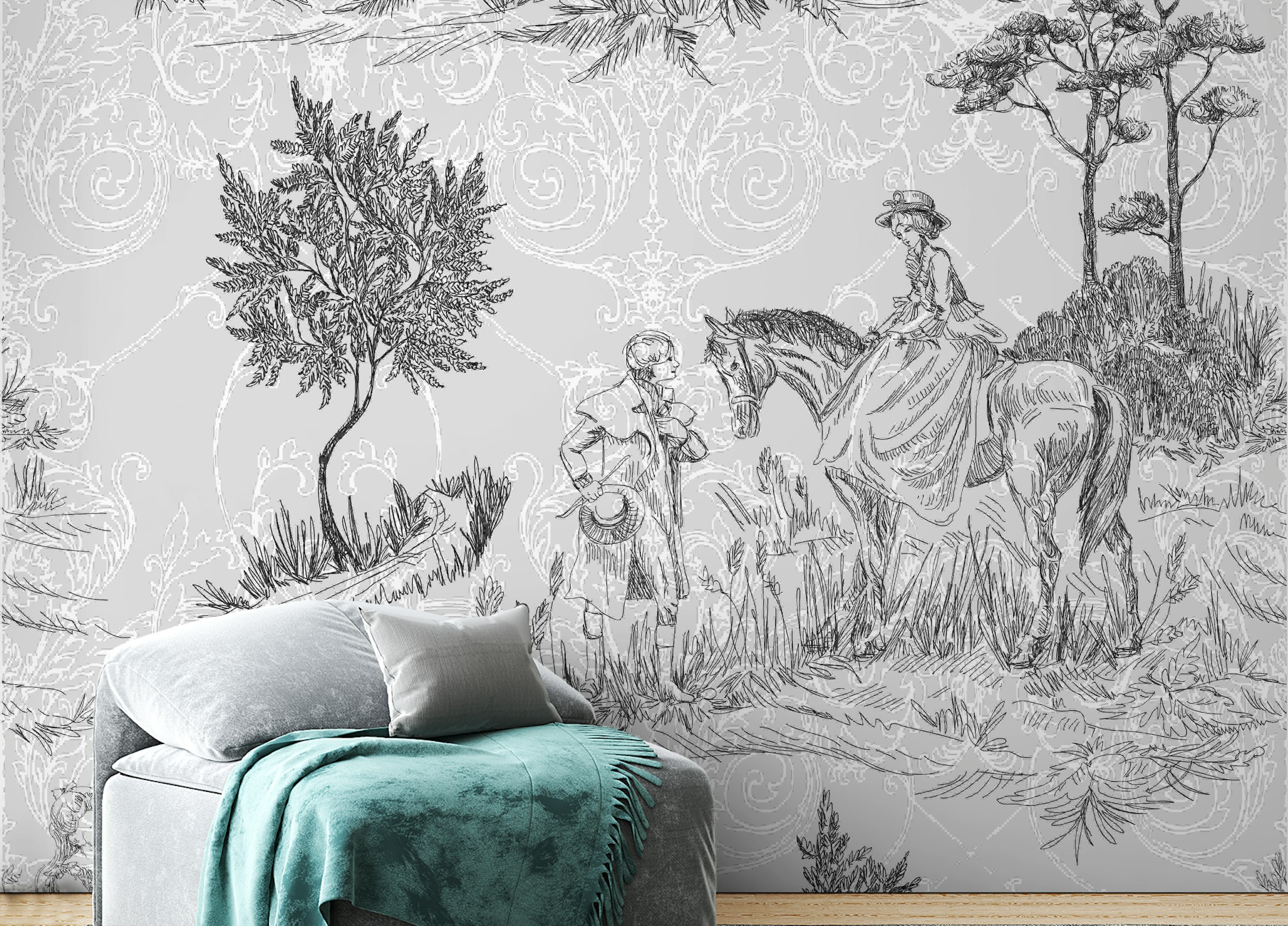 Peel and Stick Rococo Inspired Pastoral Wall mural