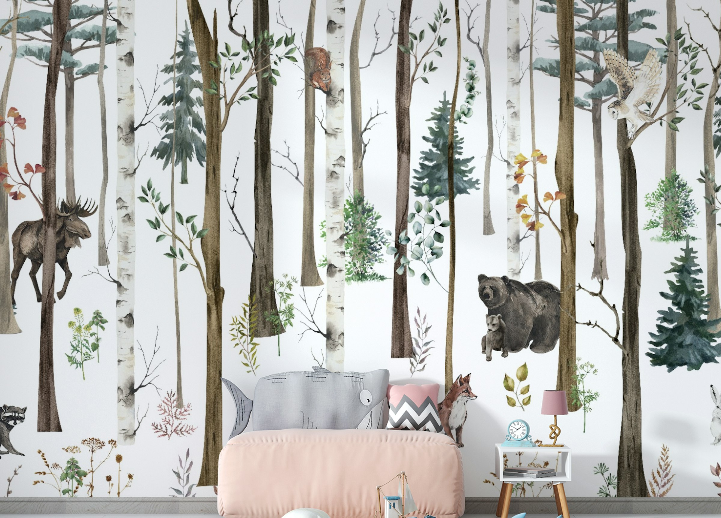 Peel and Stick Fox & Bear in Snow Forest Wallpaper Mural
