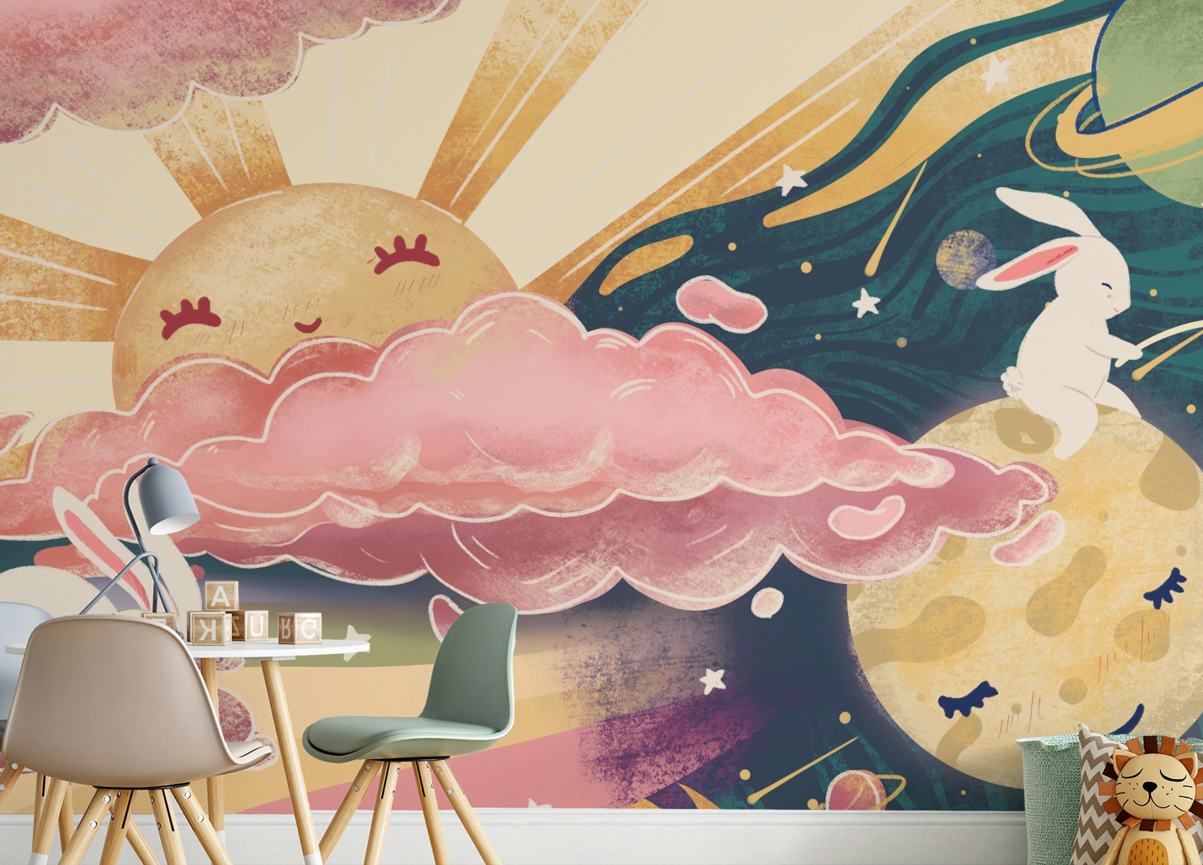 Peel and Stick Pink Yellow Sun and Sky Wallpaper Murals