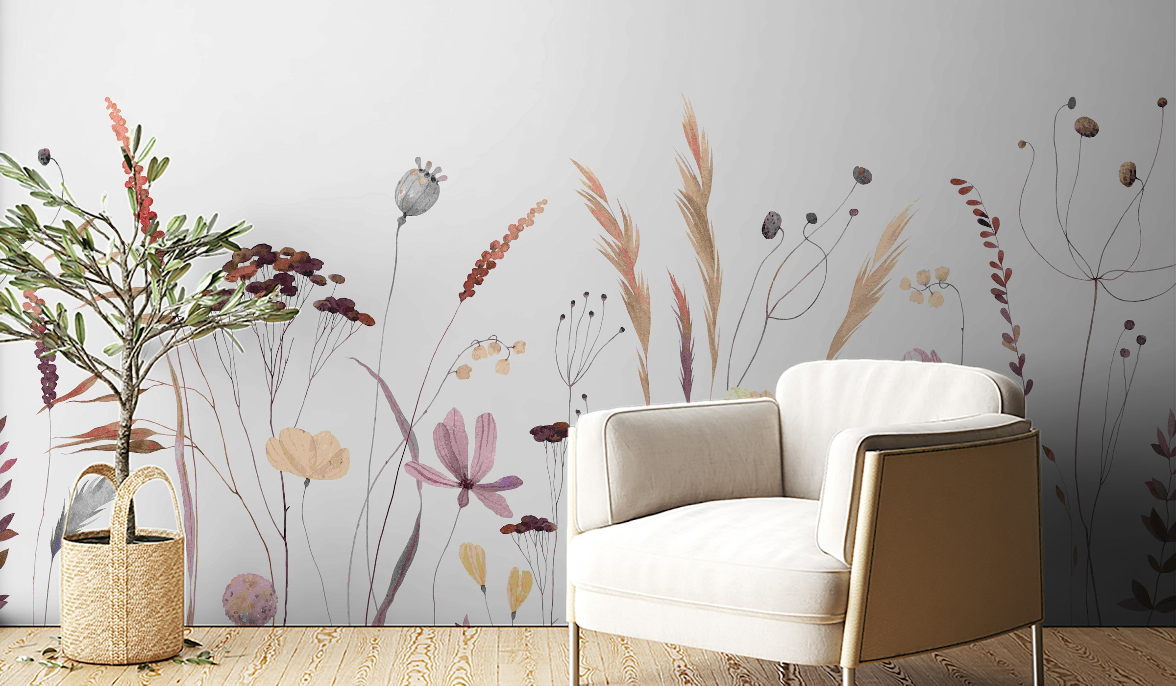 Peel and Stick Whimsical Wildflower Watercolor Mural