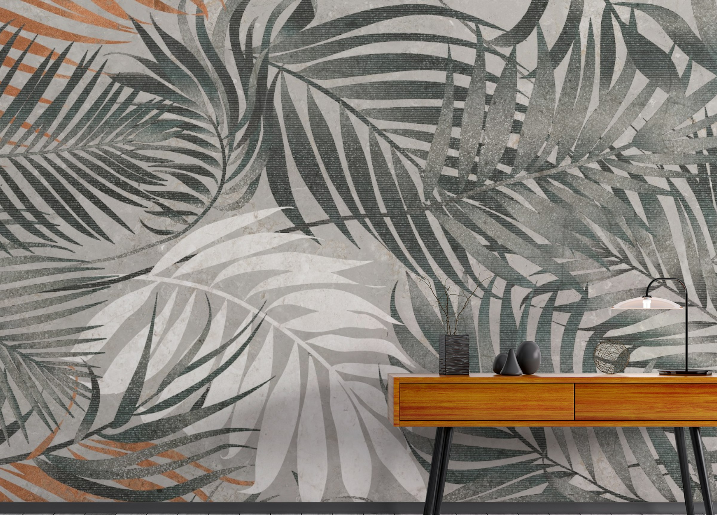 Peel and Stick Grey Tropical Leaves Wallpaper Mural
