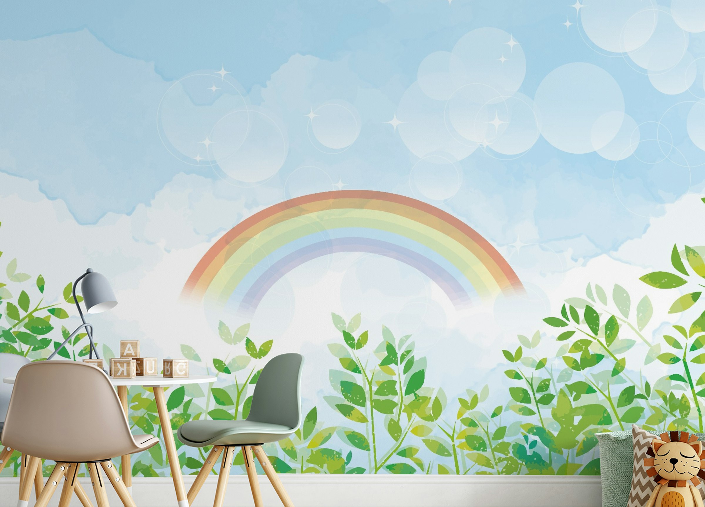 Peel and Stick Blue & Green Watercolor Rainbow Kids Wall Mural