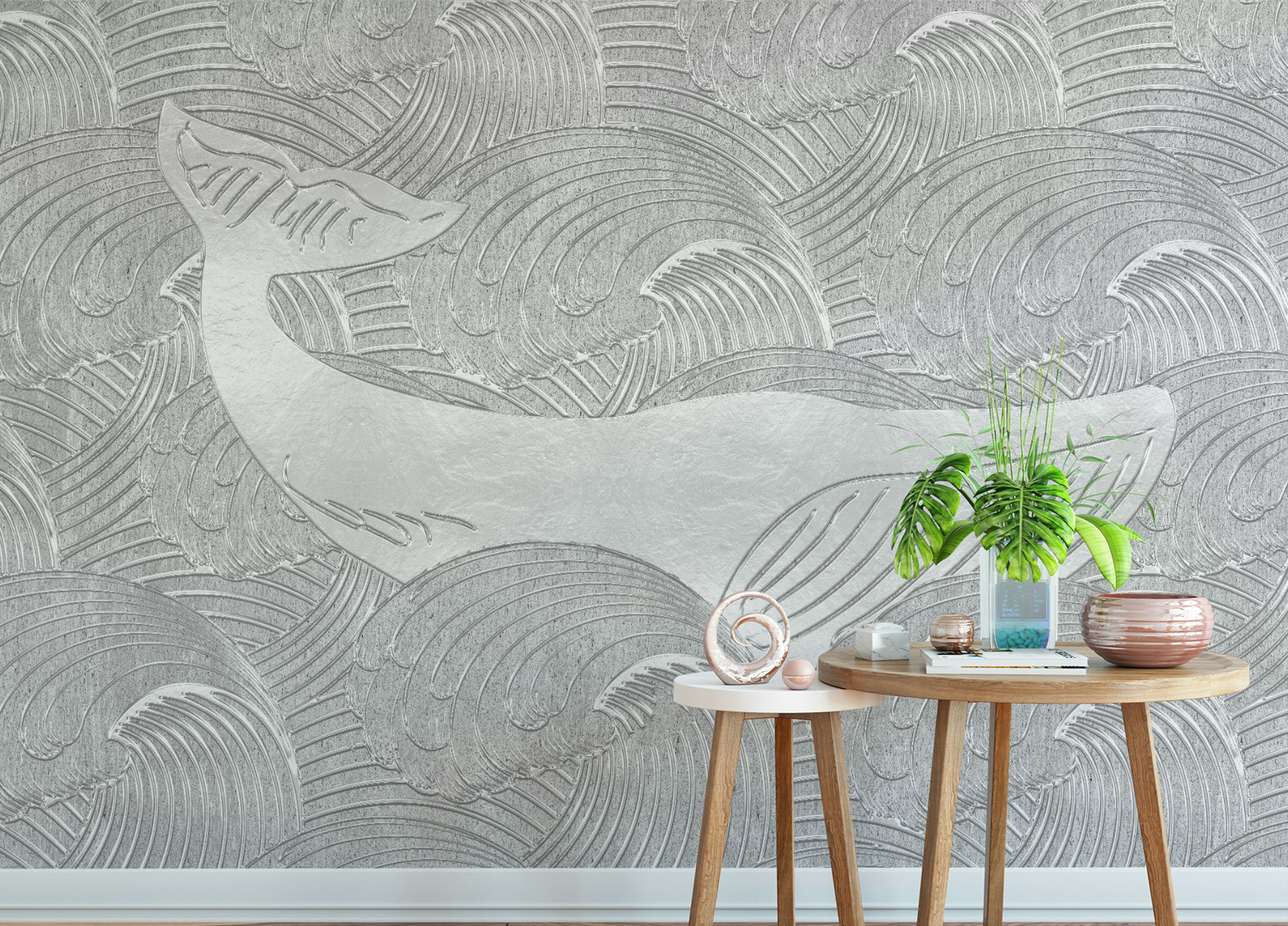 Peel and Stick Silver Whale Handmade Wallpaper Mural