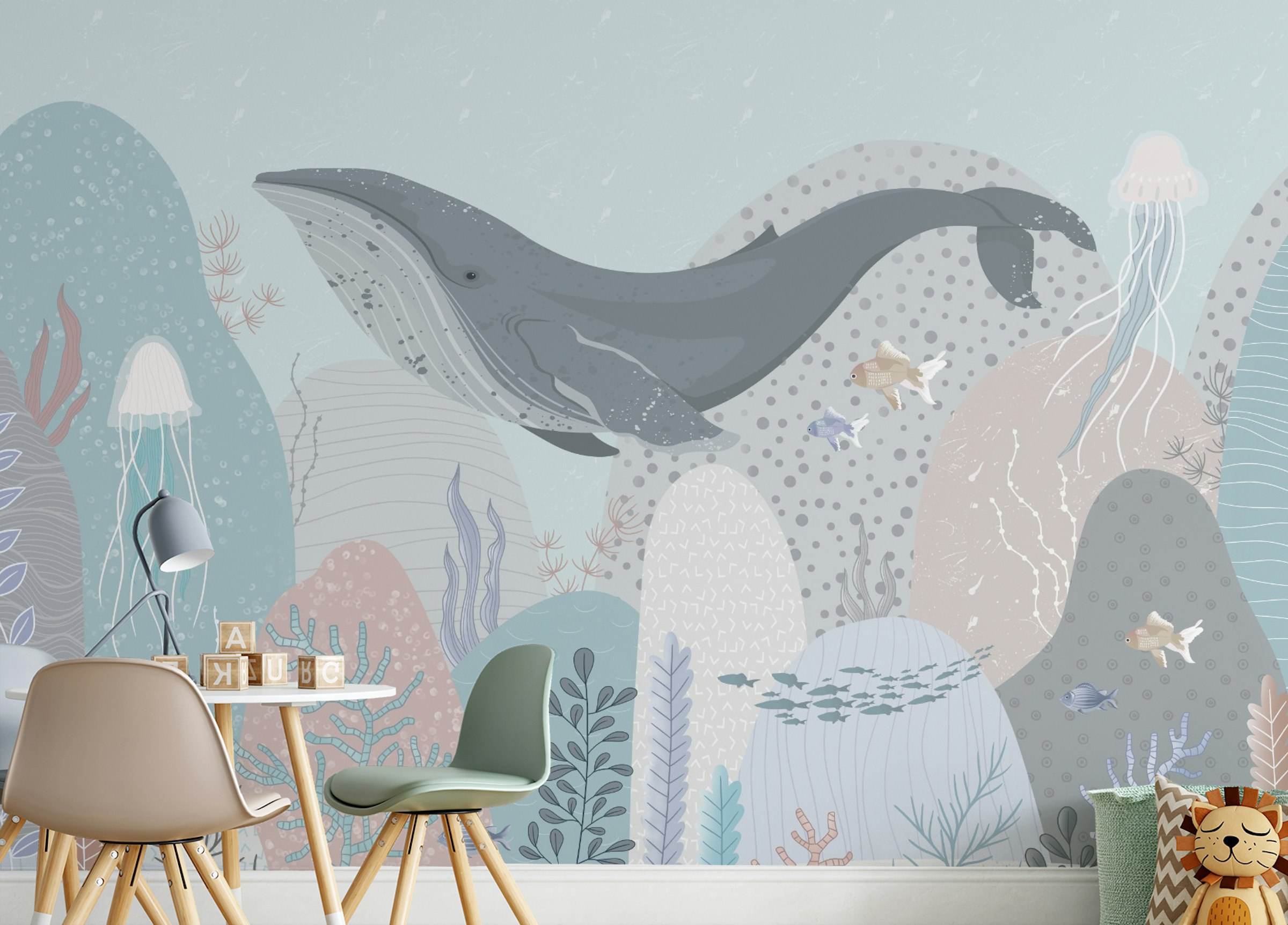 Peel and Stick Large Whale Swimming Ocean Light Colors Wall Murals