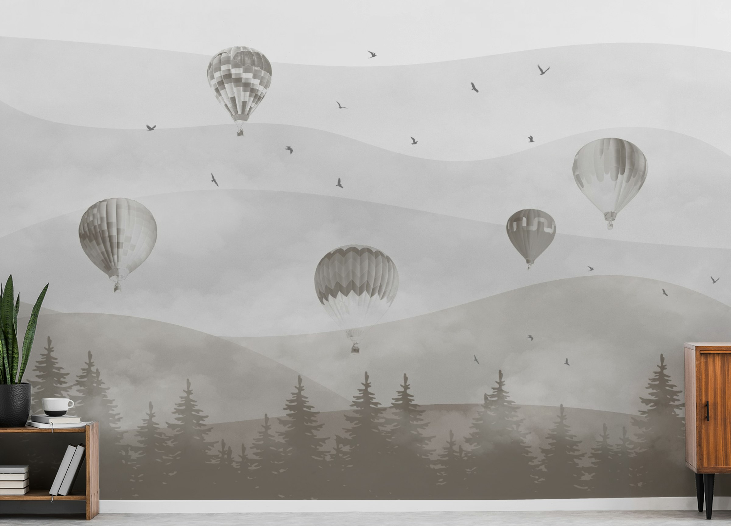 Peel and Stick Hot Air Balloons Dusty Brown Forest Kids Room Wall Murals