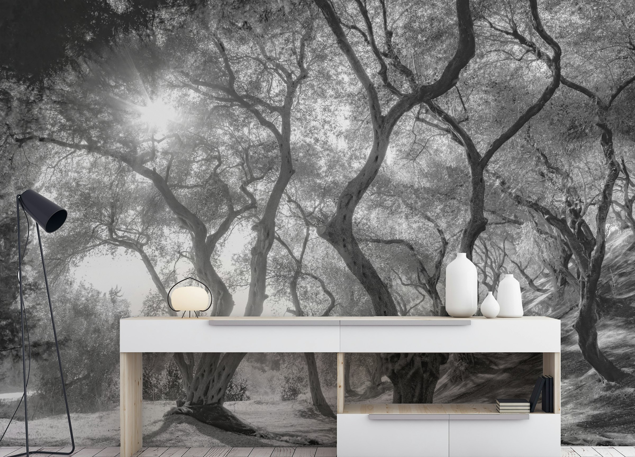 Custom made Black & White Natural Olive Groves Forest Wallpaper