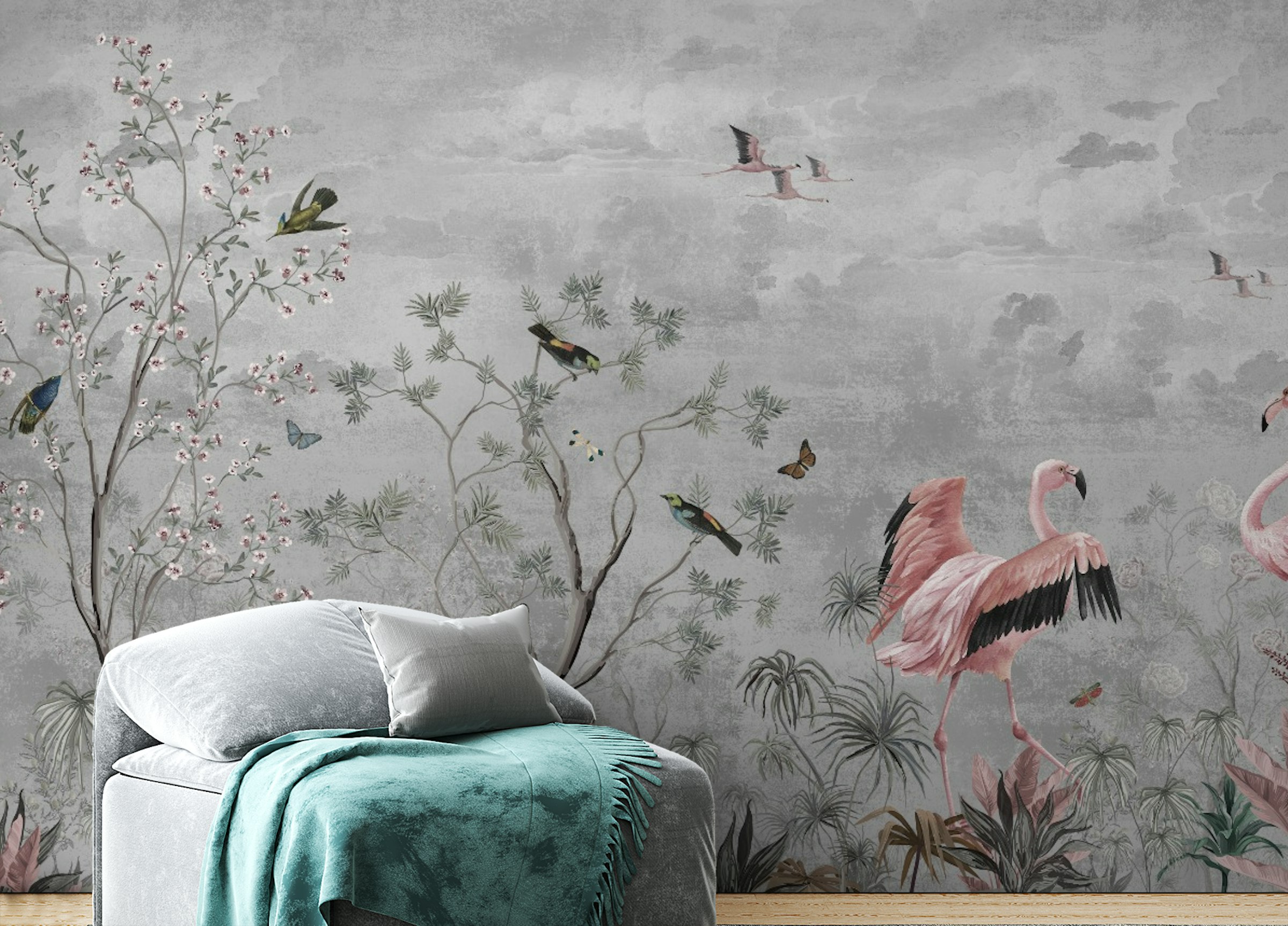 Peel and Stick Jungle Leaves Flamingo Birds Wallpaper Murals