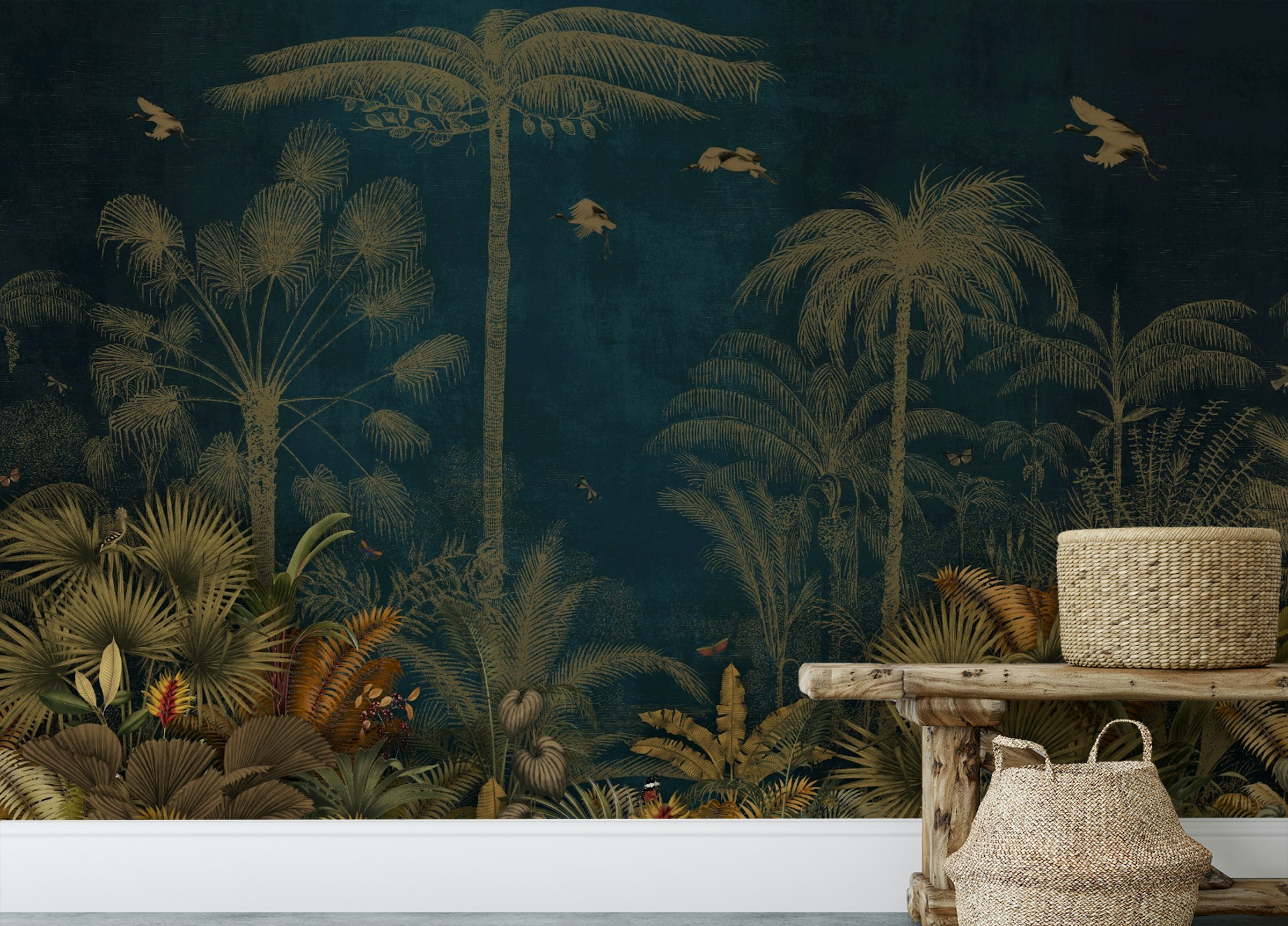 Peel and Stick Jungle Palm Trees Birds Vintage Blue Painting Wall Murals