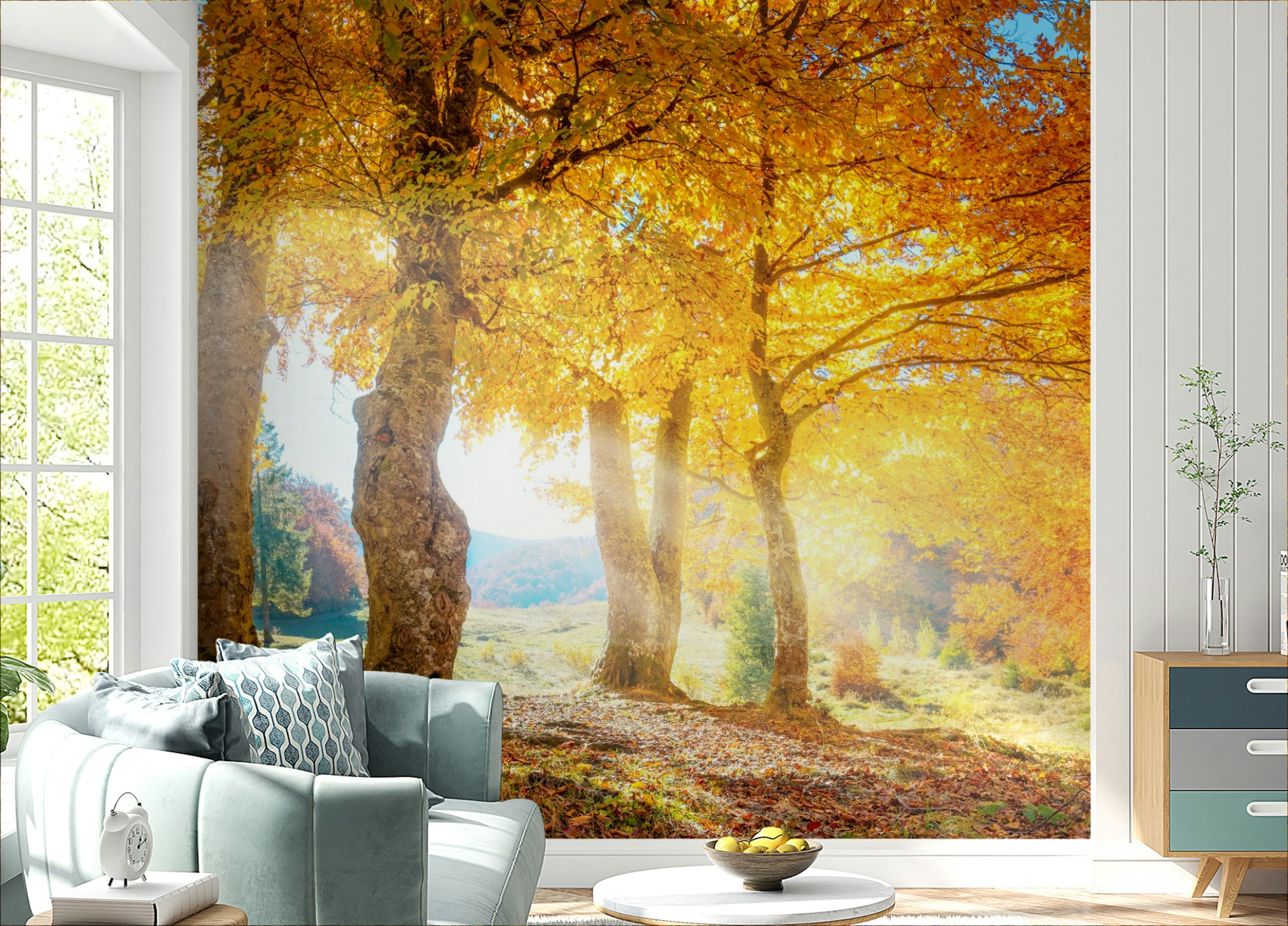 Peel and Stick Yellow Autumn Leaves Forest Wallpaper Mural