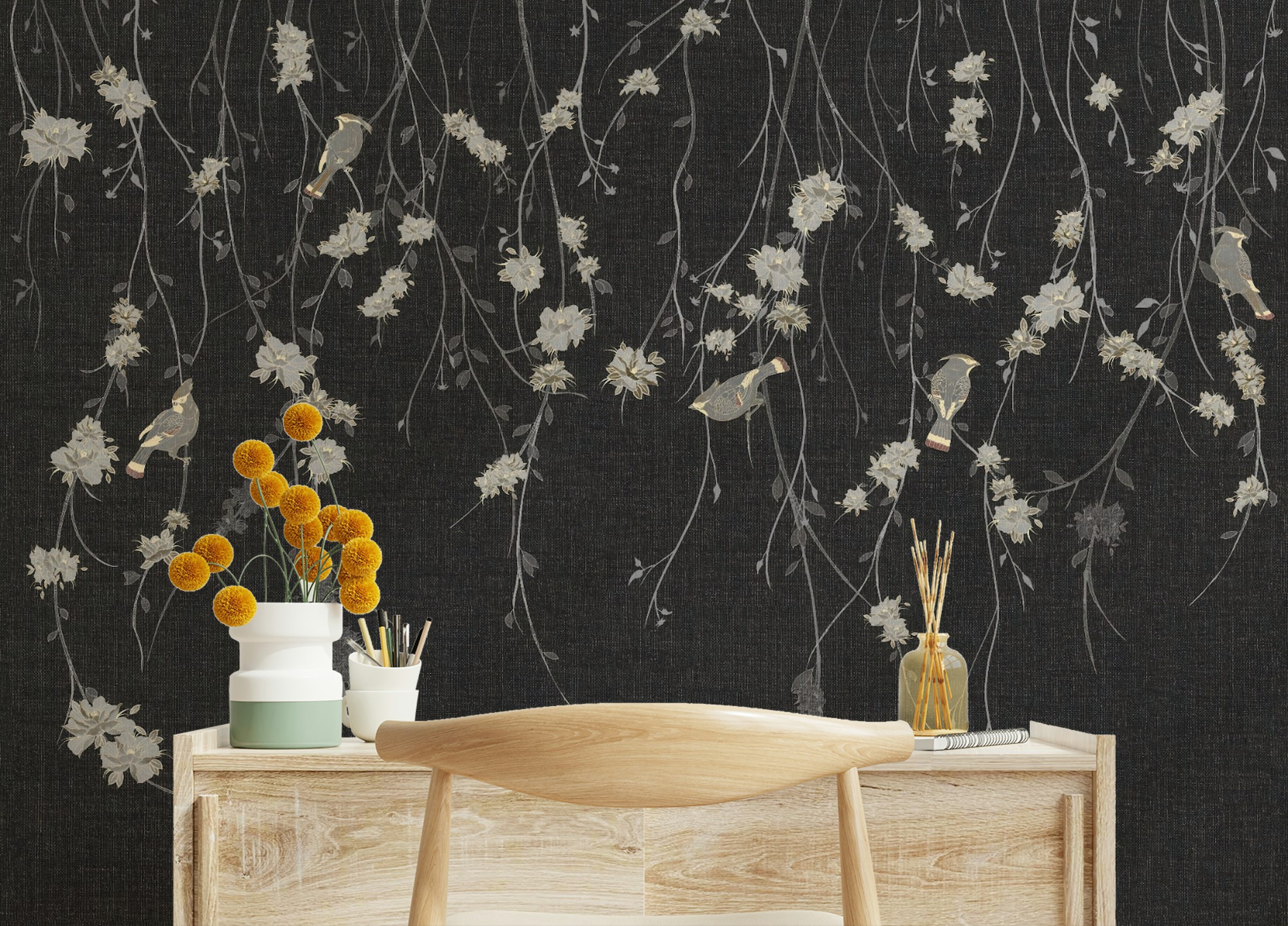 Custom made Beautiful Dark Black Flowers & Birds Wallpaper Mural