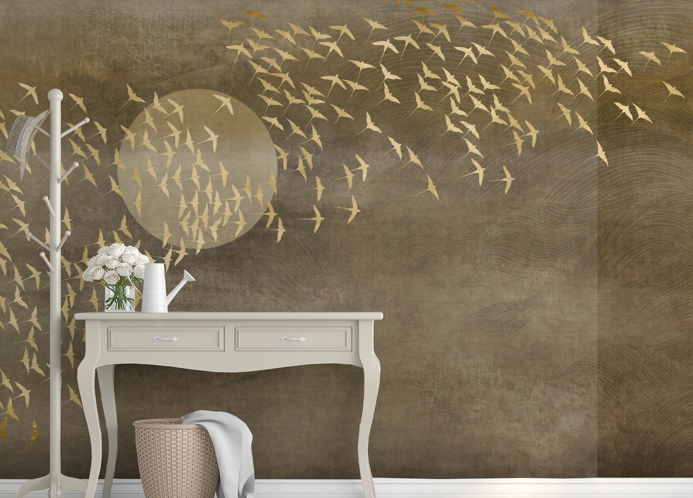 Custom made Golden Birds Flying in Sky Wallpaper Murals
