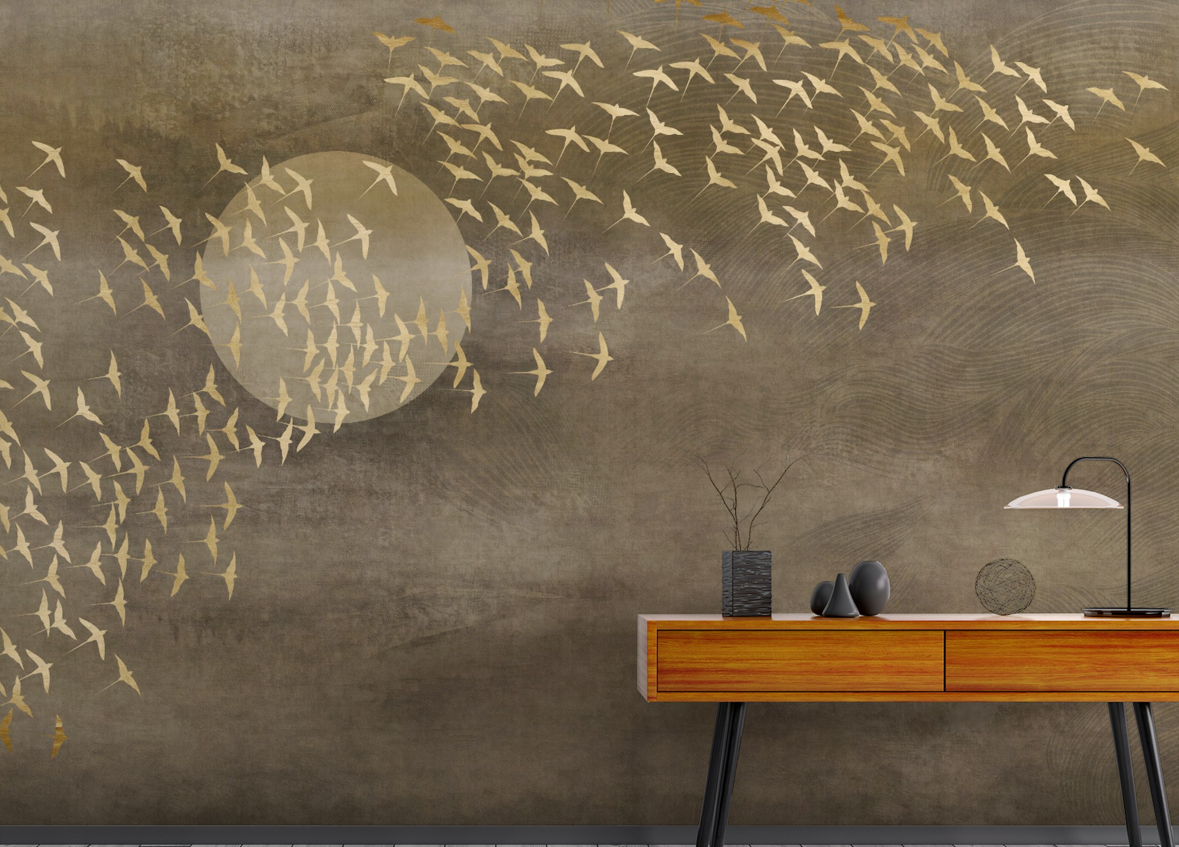 Peel and Stick Golden Birds Flying in Sky Wallpaper Murals