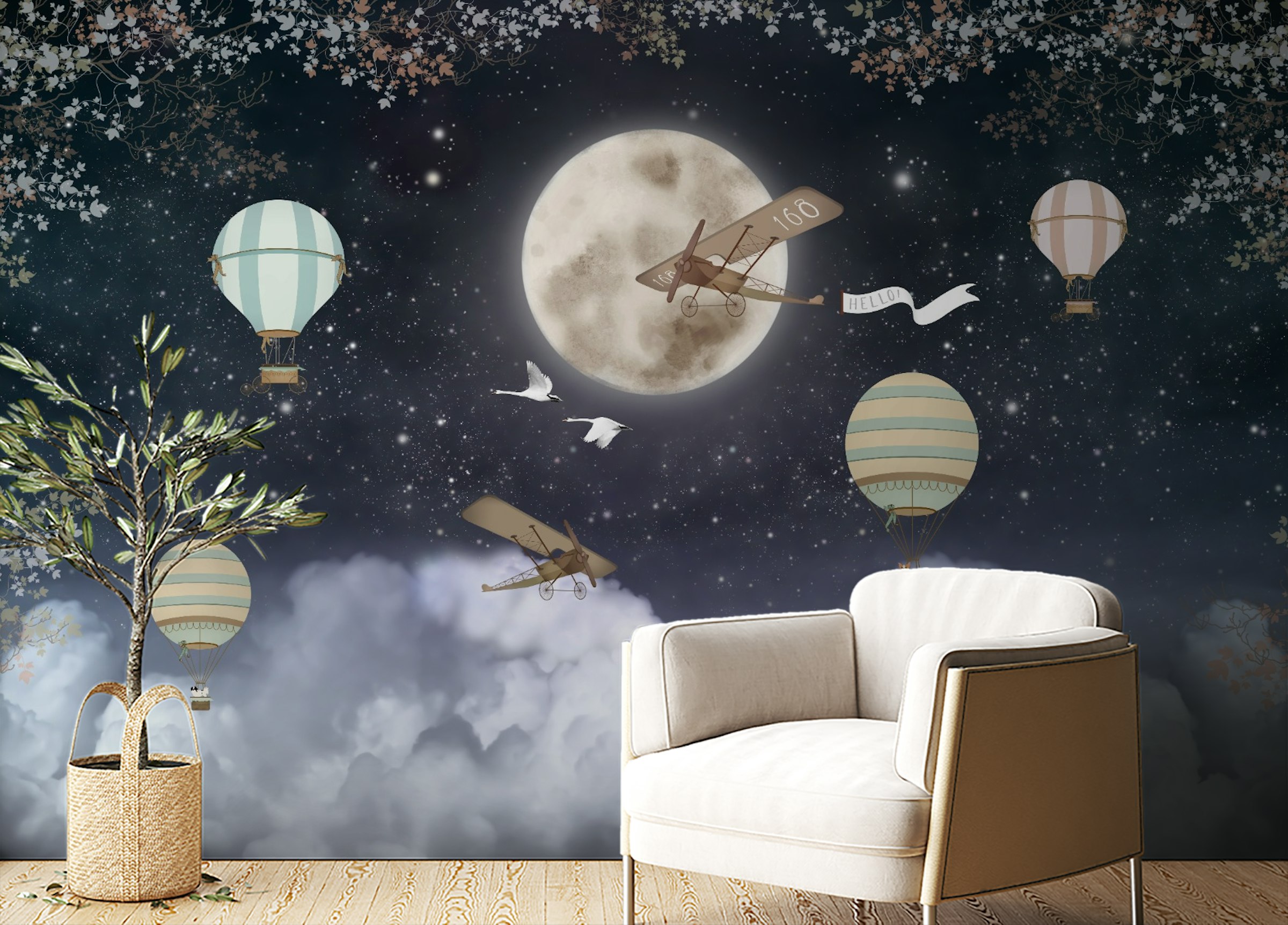 Peel and Stick Flying Plane Over Dark Night Kids Wallpaper for Walls