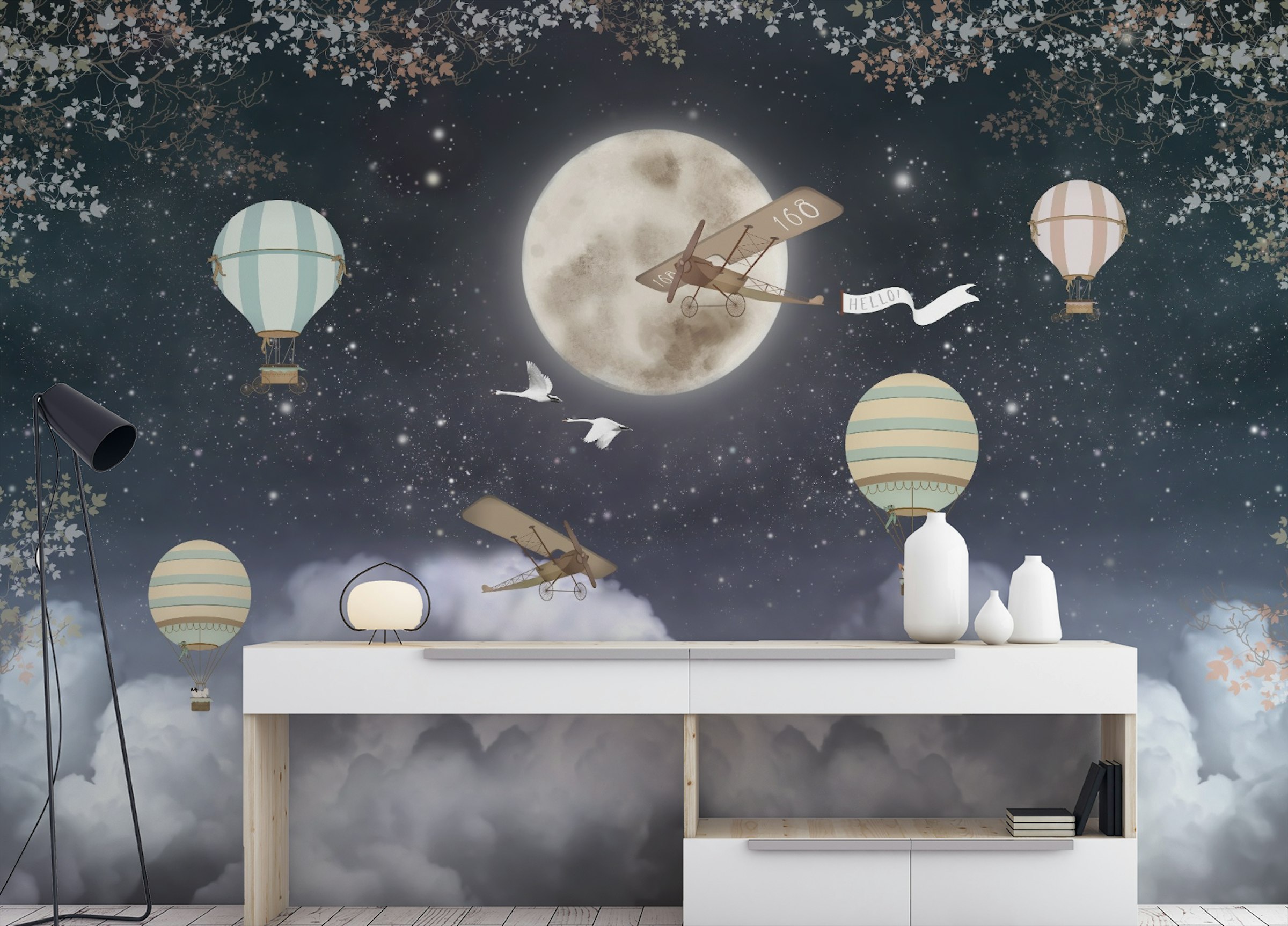 Custom made Flying Plane Over Dark Night Kids Wallpaper for Walls