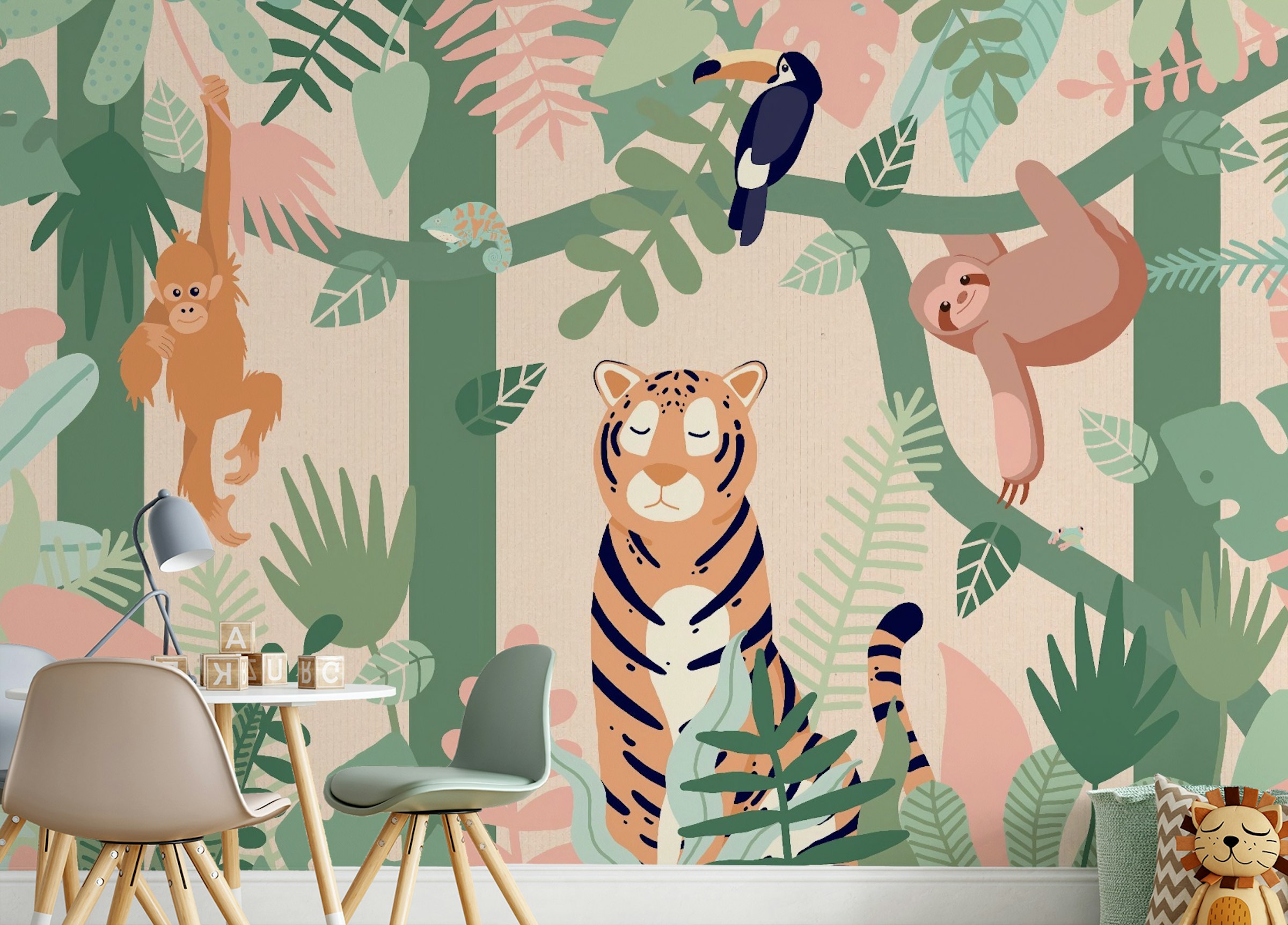 Peel and Stick Dozy Tiger Cartoon Forest Peel and Stick Wallpaper Murals