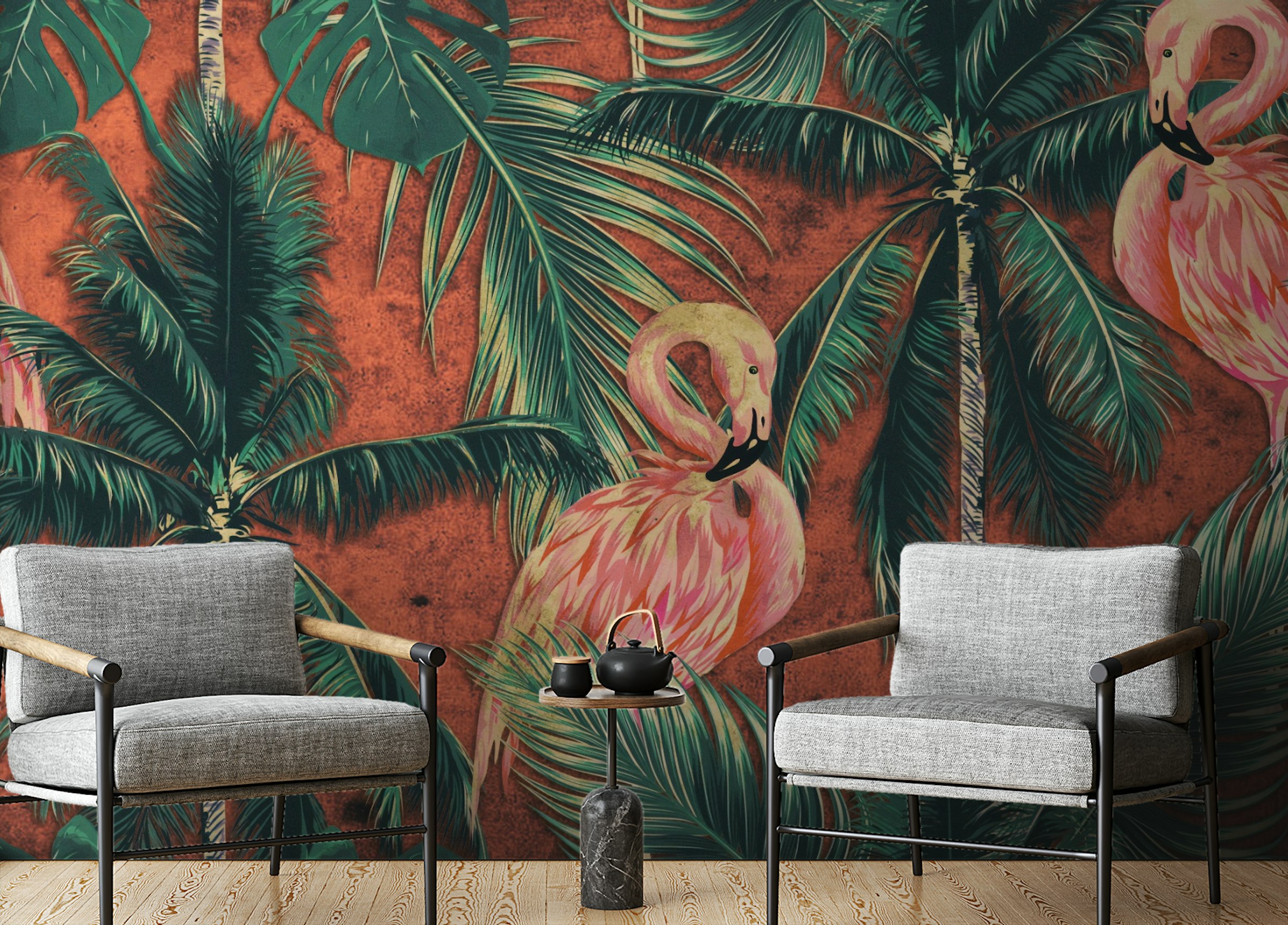 Peel and Stick Dark Flamingo in Tropical Forest Wallpaper
