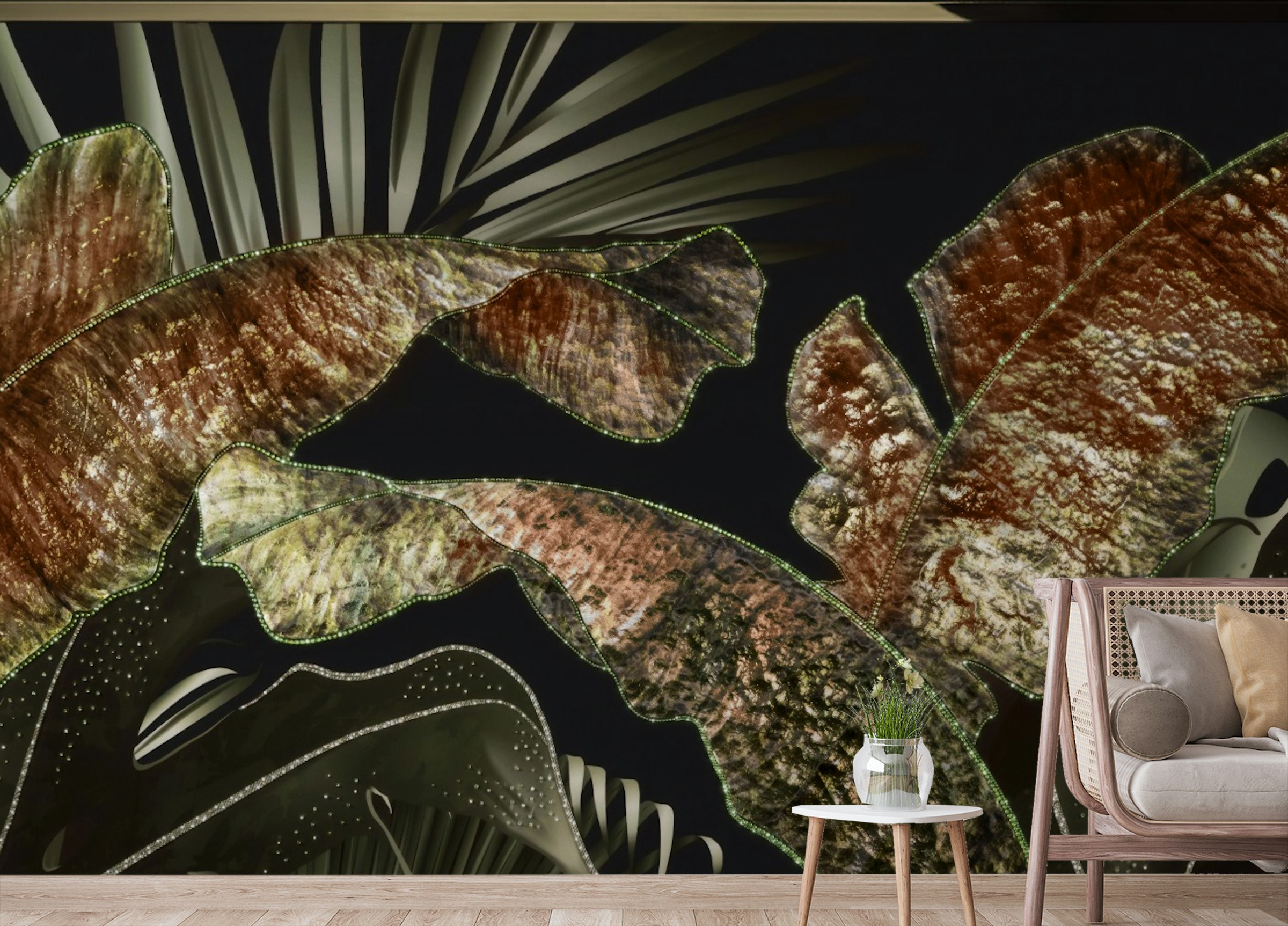 Peel and Stick Golden Tone Tropical Leaves Wallpaper Murals