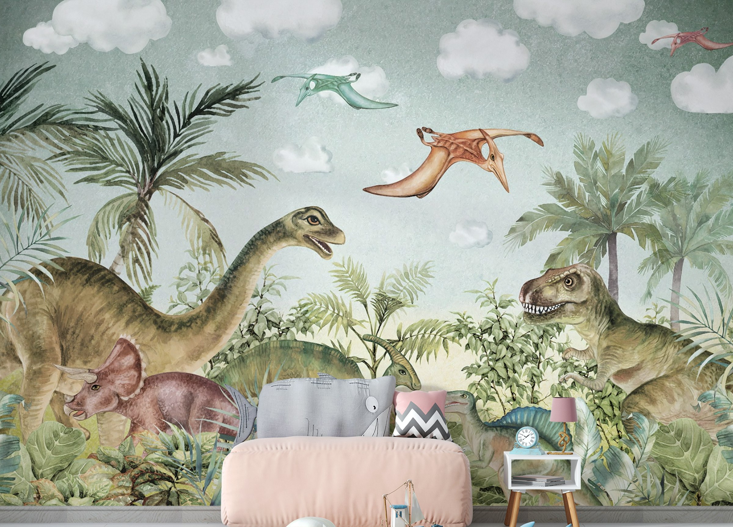 Peel and Stick Watercolor Dinosaur in forest Wallpaper