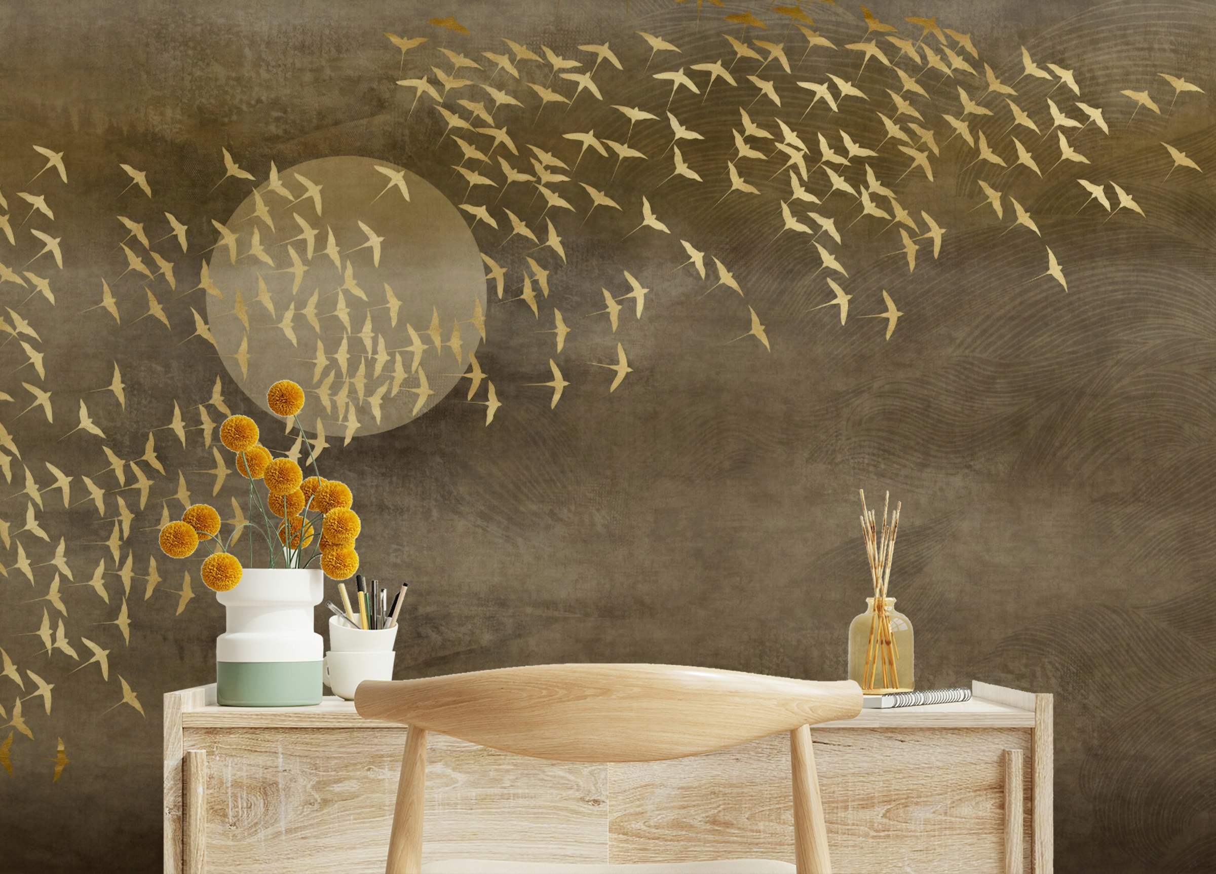 Custom made Brown Golden Flying Birds Wallpaper murals