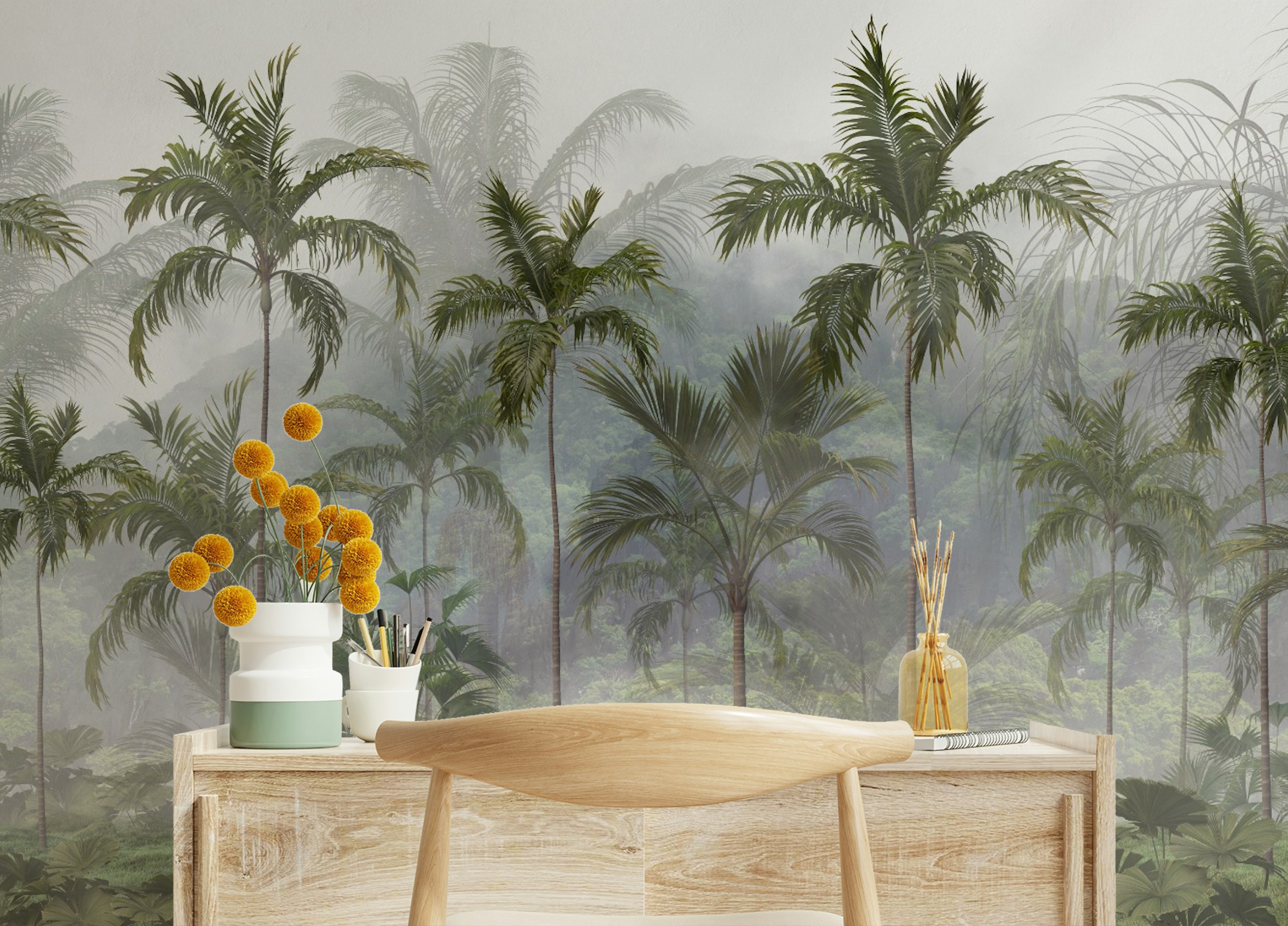 Custom made Misty Jungle Tropical Trees and Leaves Mural Wallpaper