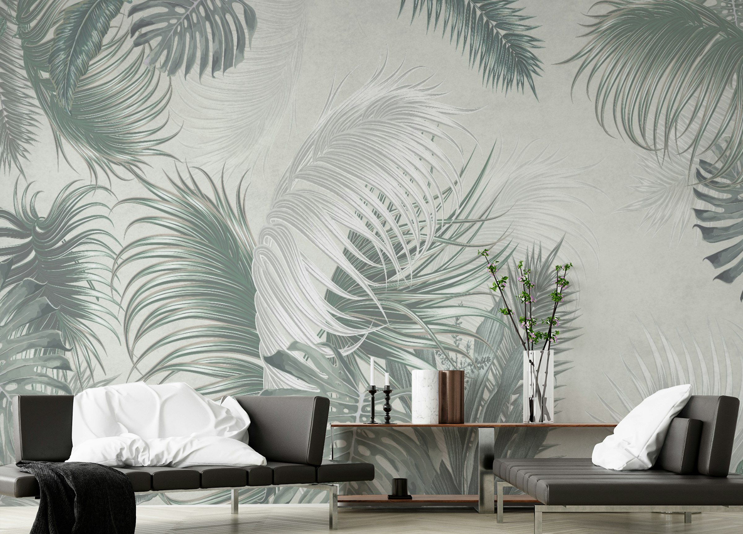 Peel and Stick Tropical Large Gray Palm Leaves Art Wall Murals