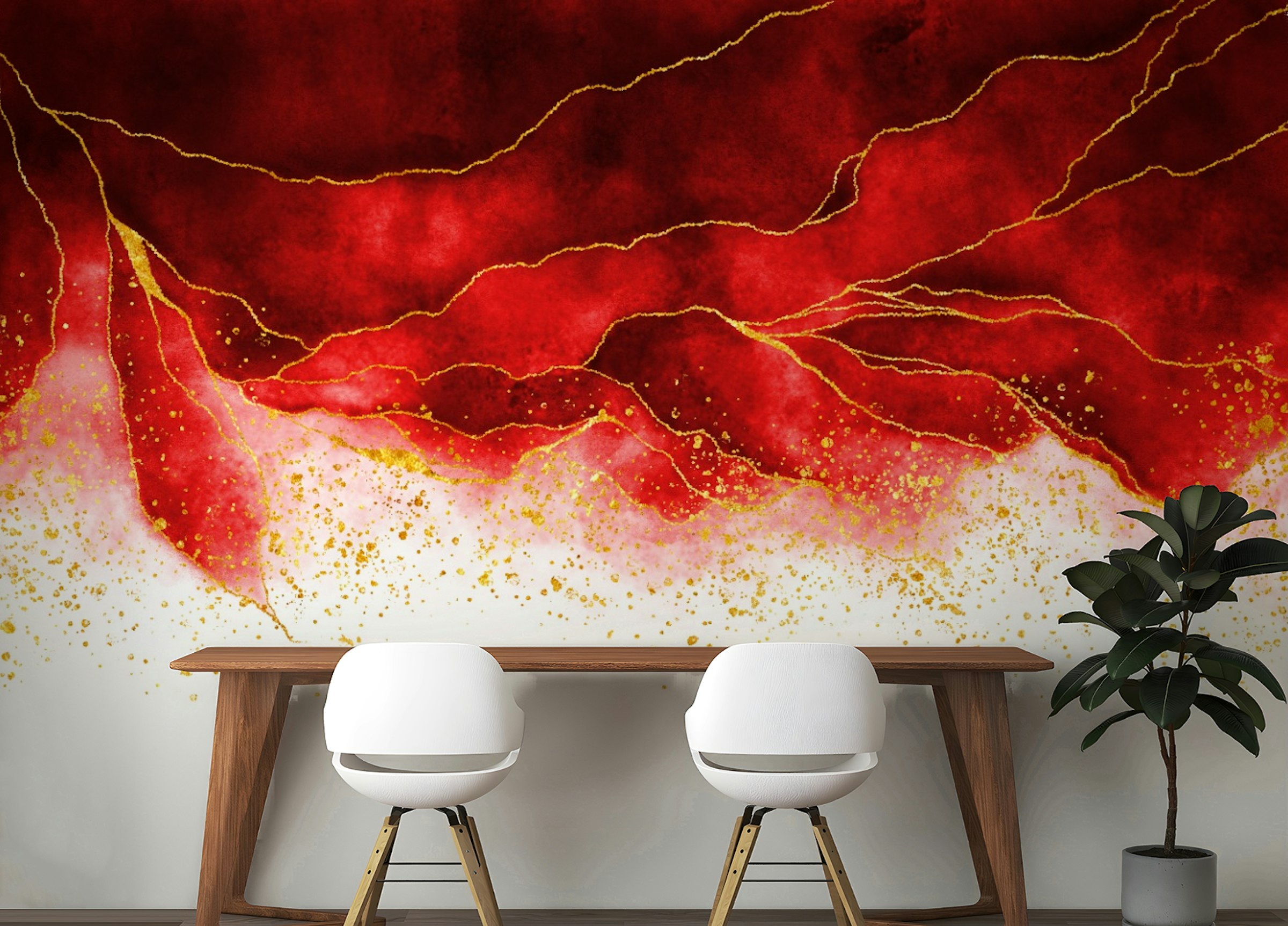 Peel and Stick Red Watercolor Golden Shiny Border Wall Murals