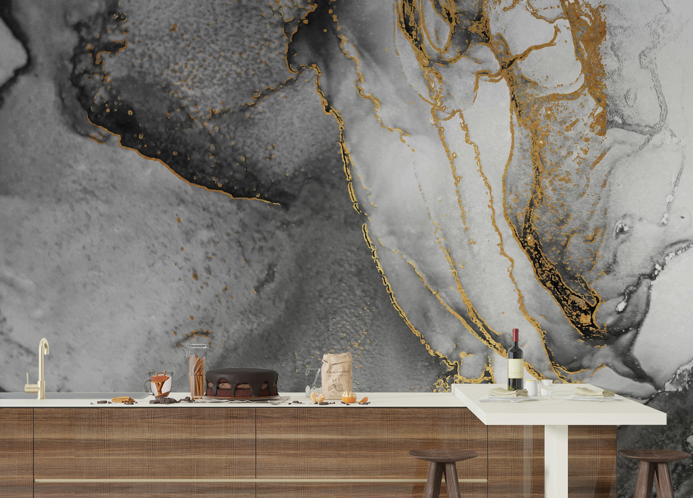 Peel and Stick Black Gold Ink Fusion Wall Murals