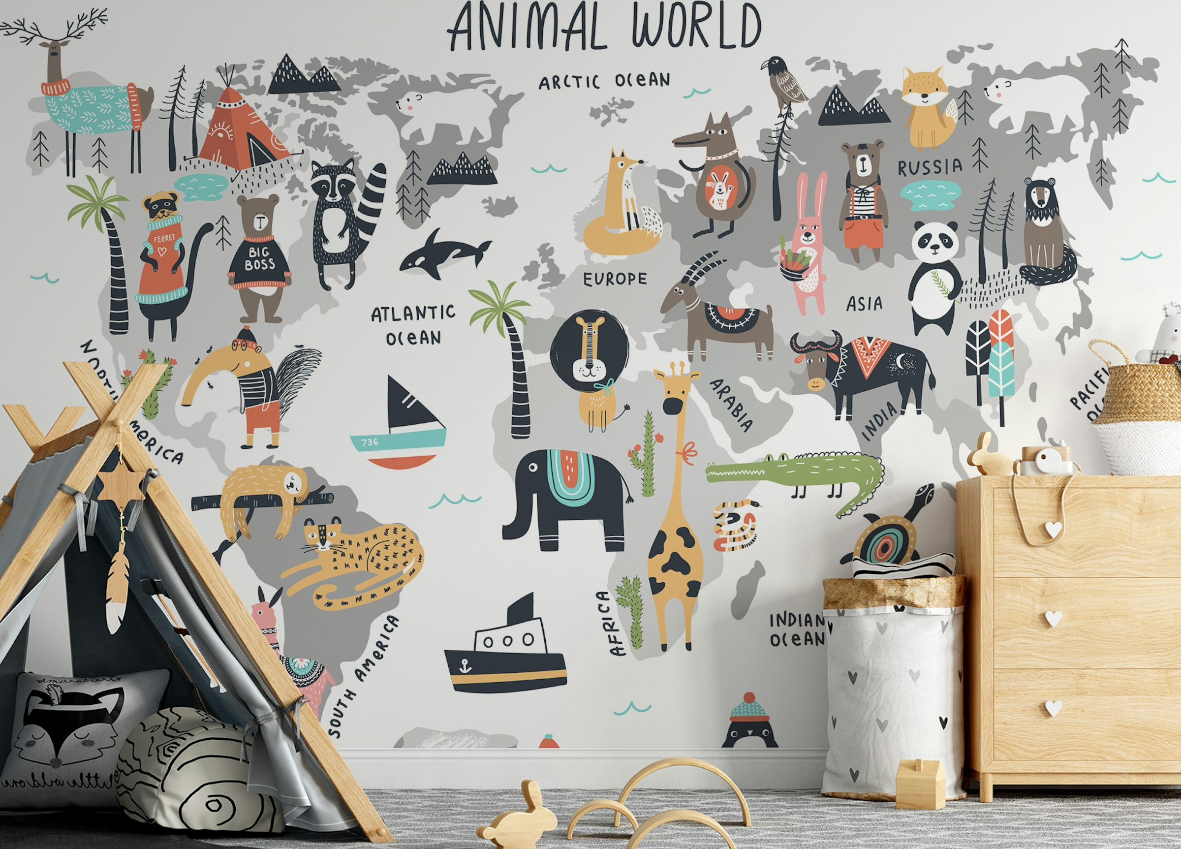 Peel and Stick Wild Wonders Animal World Map Wallpaper