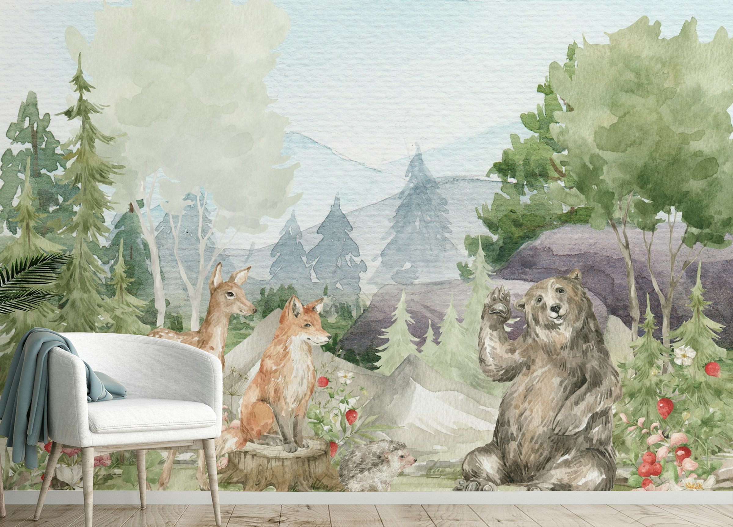 Peel and Stick Watercolor Forest Bear and Dear Child Room Wallpaper Walls