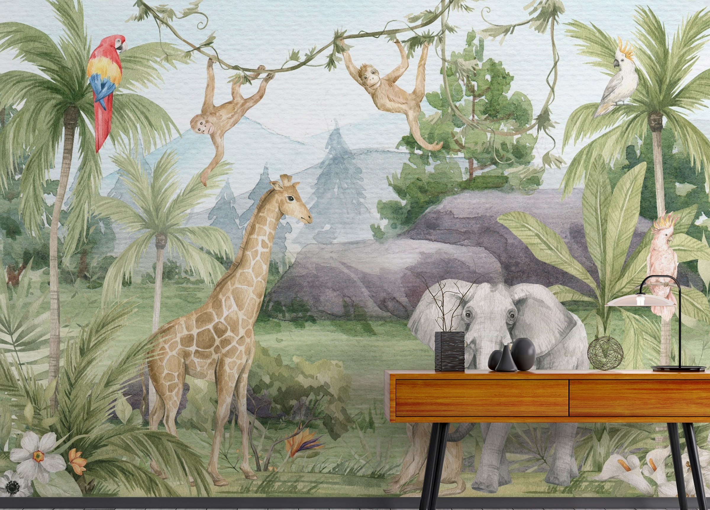Peel and Stick African Watercolor Forest Animals Giraffe Elephants Wallpaper