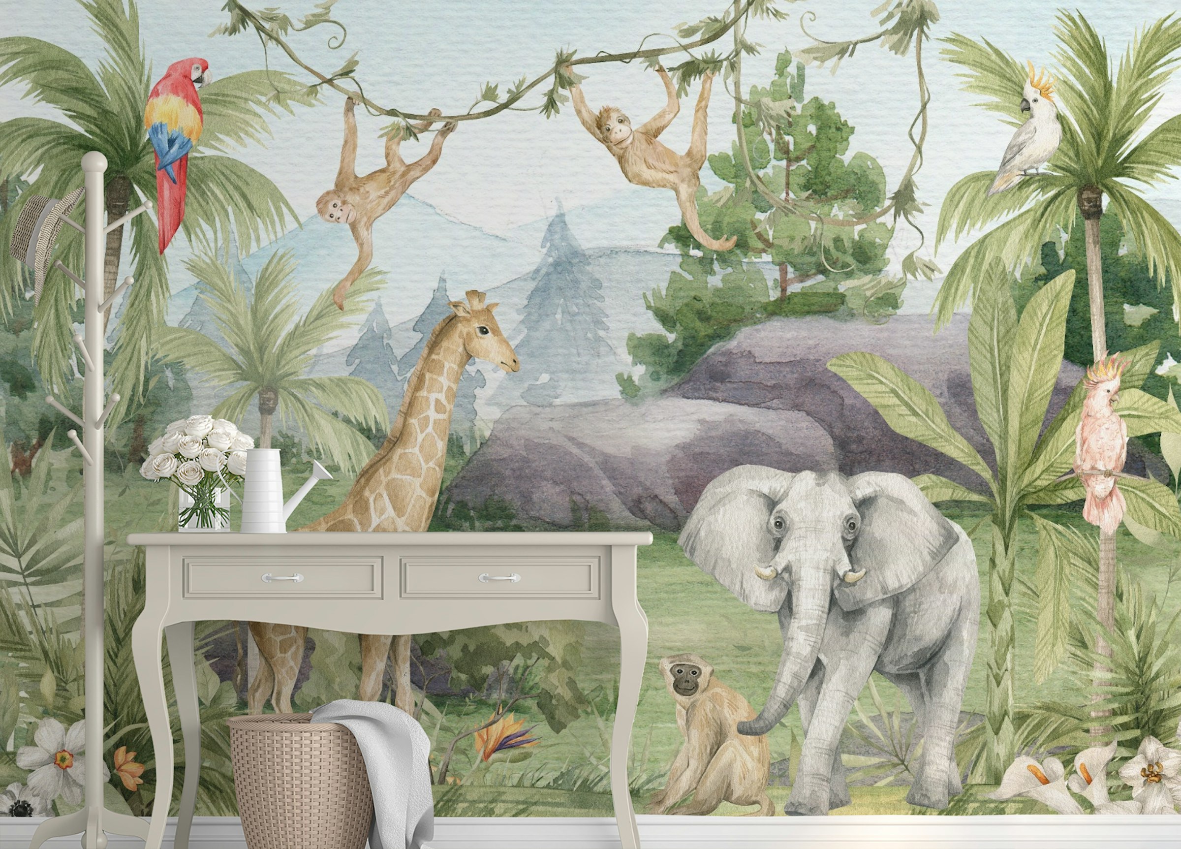 Custom made African Watercolor Forest Animals Giraffe Elephants Wallpaper