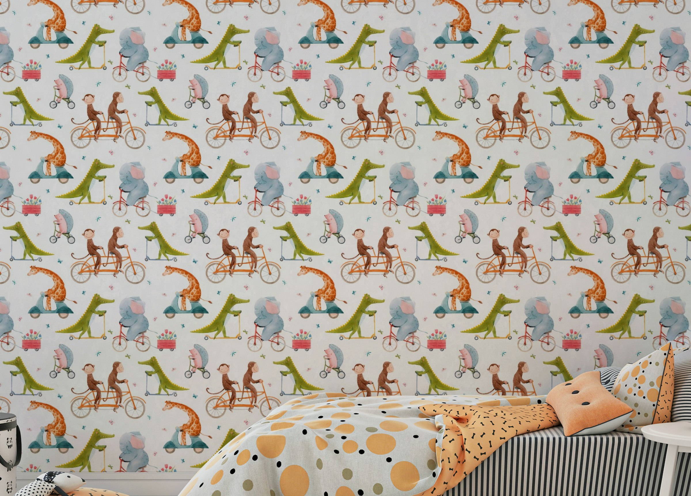 Custom made Cute Cartoon Cycling Animals Kids Room Wallpaper