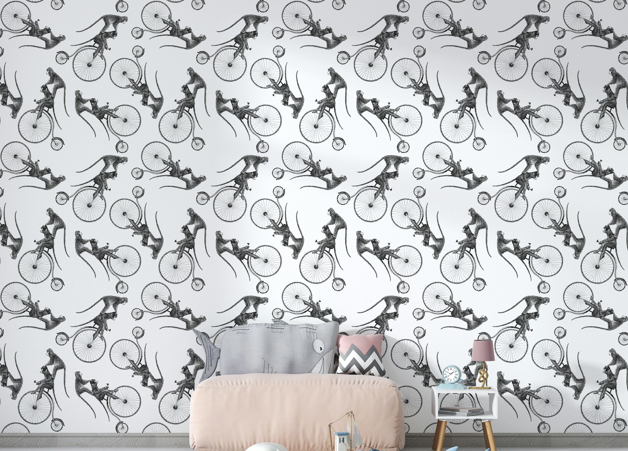 Peel and Stick Hand Drawn Monkey on Bike Repeat Pattern Wallpaper