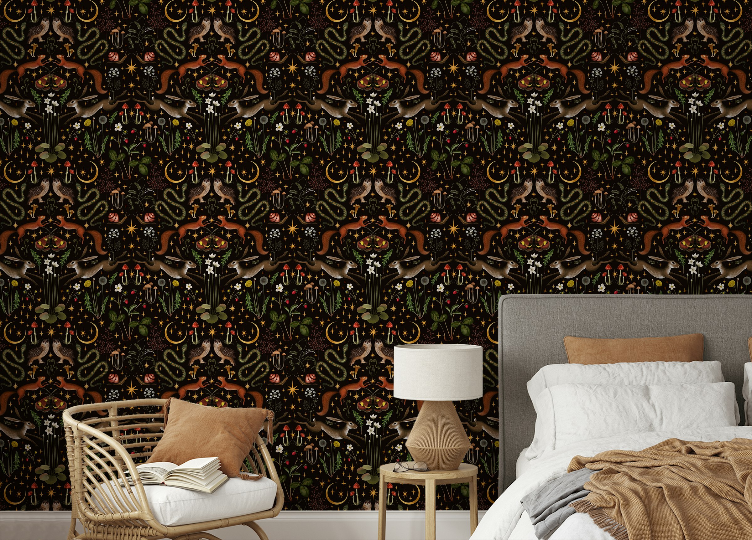 Peel and Stick Owl Flowers and Mushrooms Repeat Pattern Wallpaper