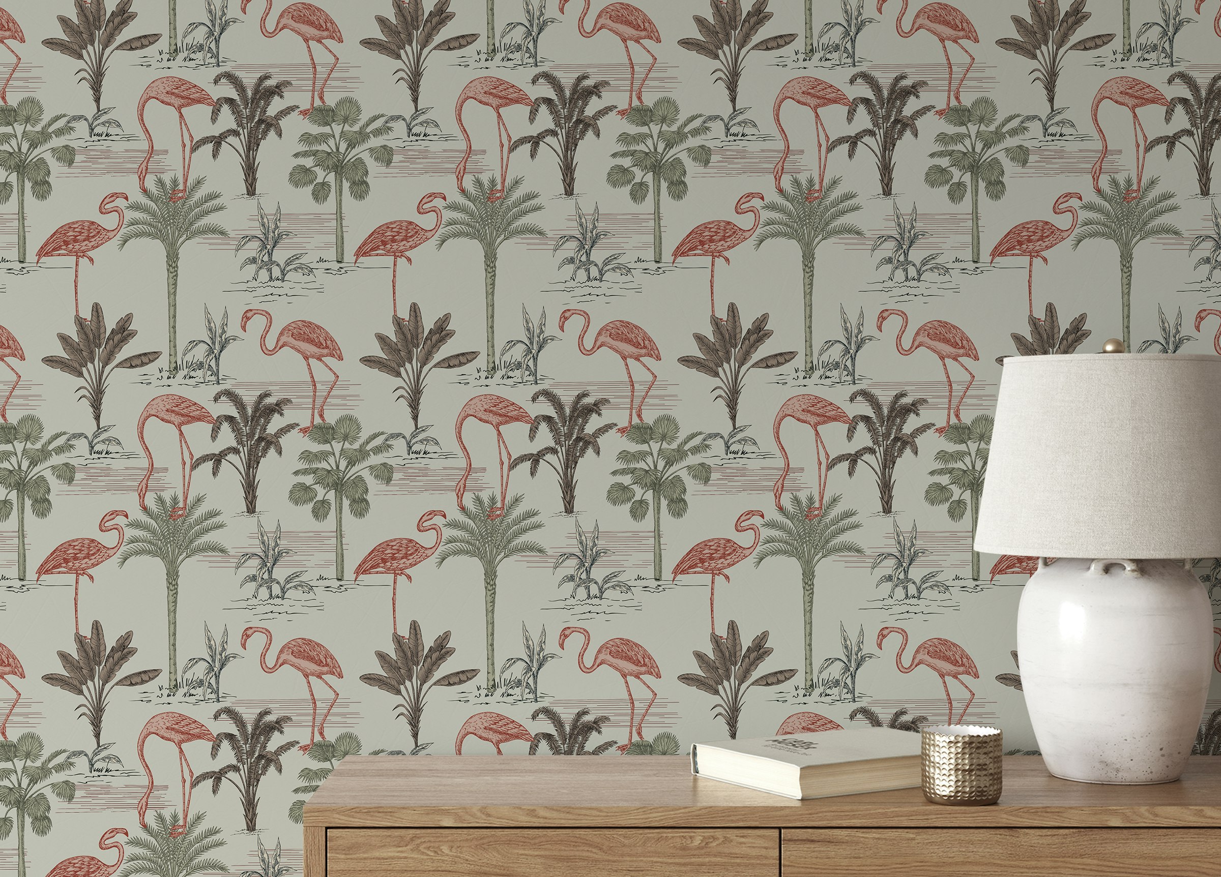 Peel and Stick Tropical Ink Drawn Palm Trees Pink Flamingo Floral Wallpaper