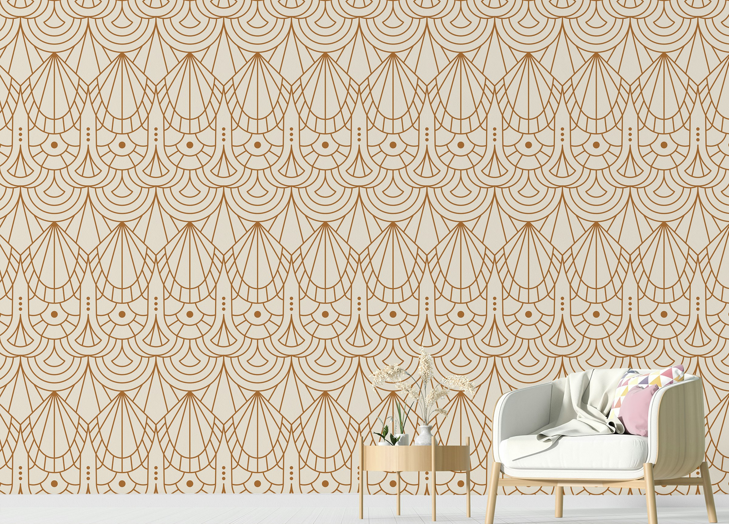 Peel and Stick Beige and Orange Color Art Deco Repeat Pattern Wallpaper