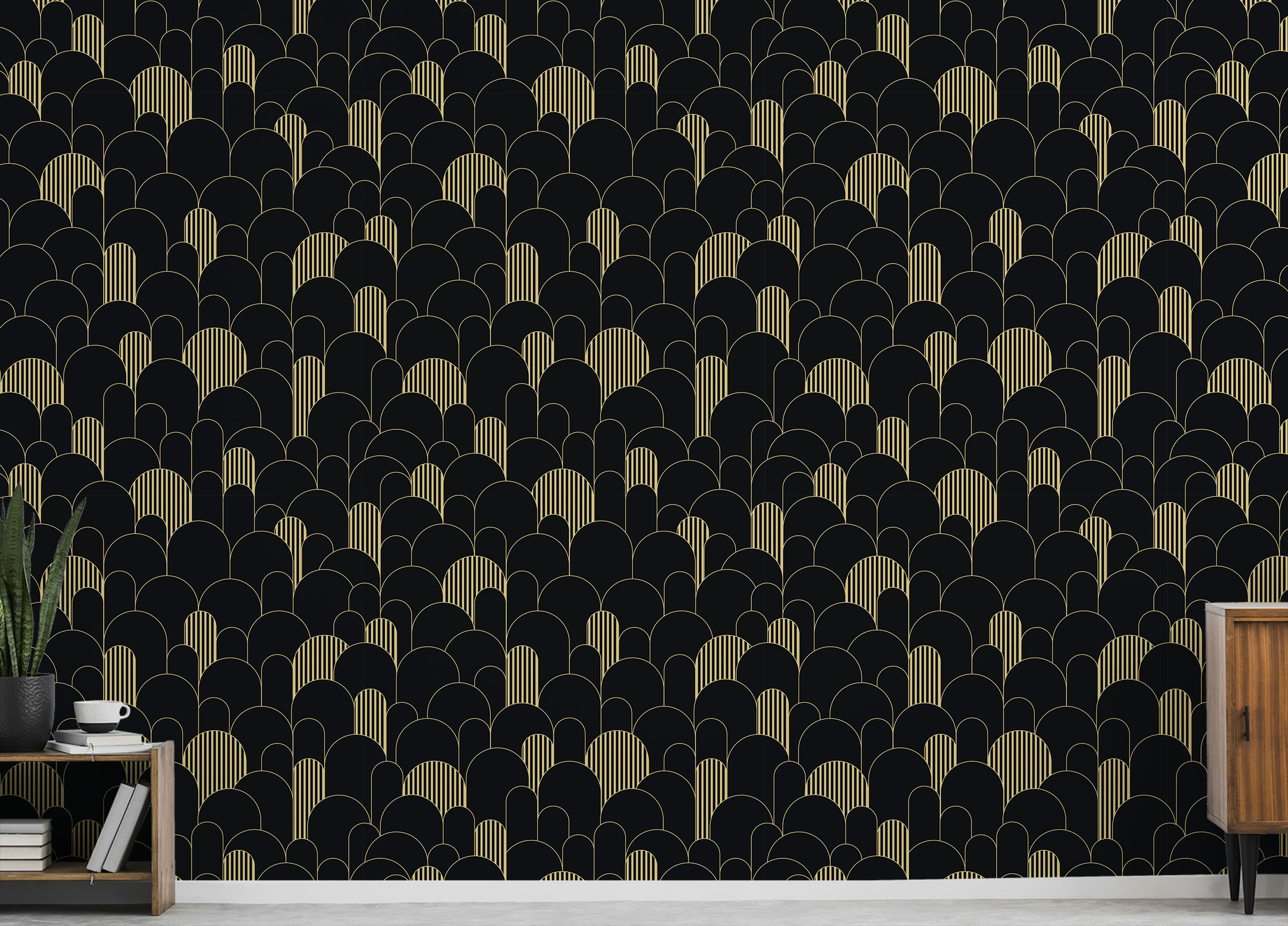 Peel and Stick Art Deco Golden Lines Repeat Pattern Wallpaper