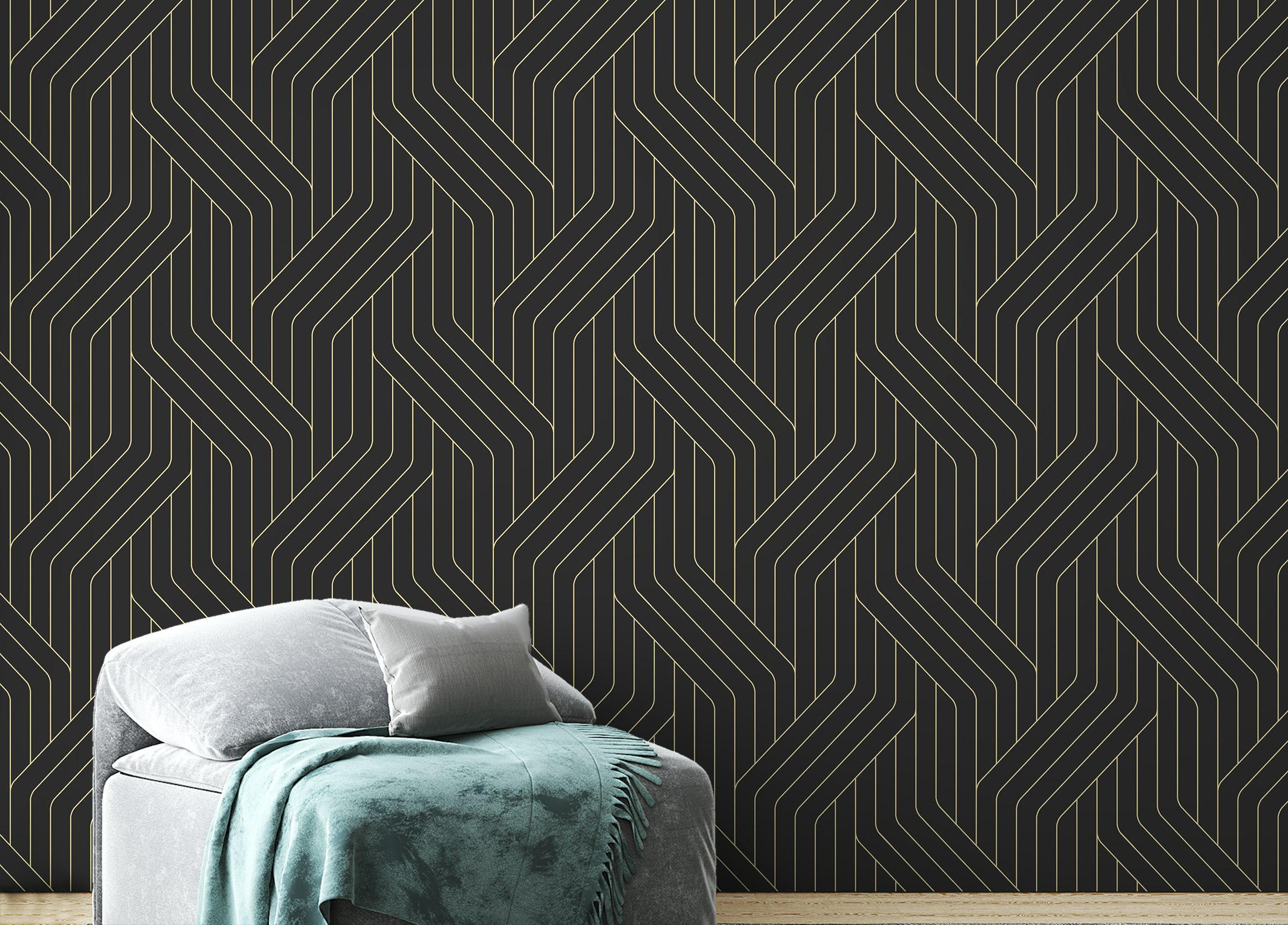 Peel and Stick Black and Gold Ornate Rounded Lines Pattern Wallpaper
