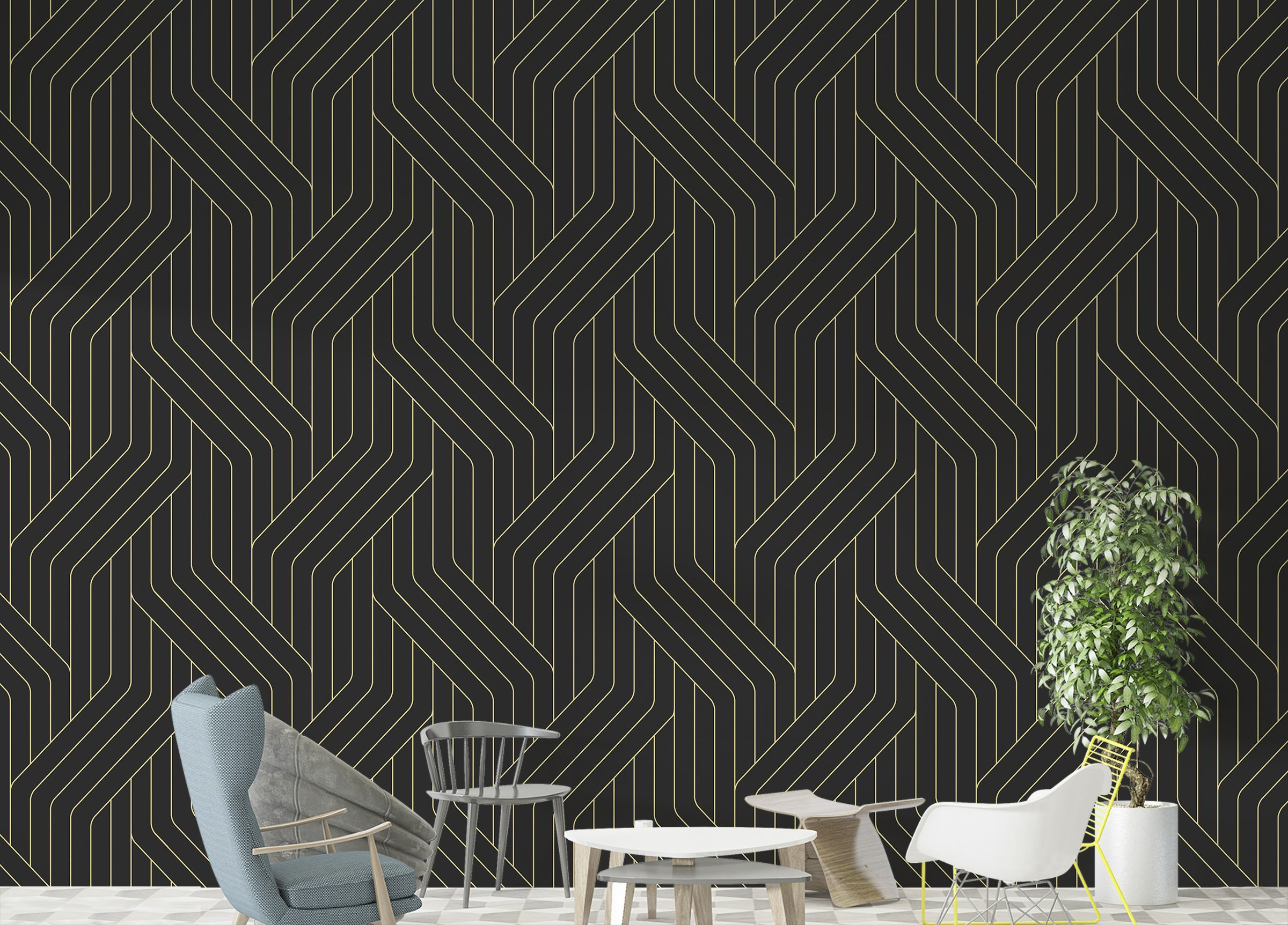 Custom made Black and Gold Ornate Rounded Lines Pattern Wallpaper
