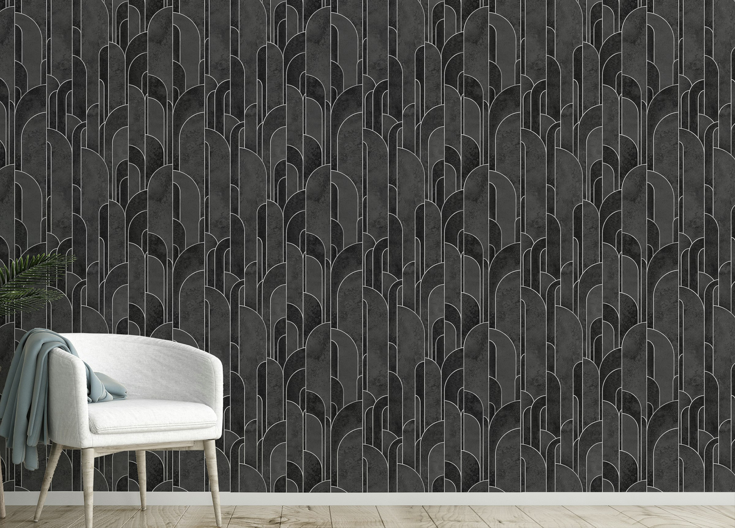 Peel and Stick Black Art Deco Design Repeat Pattern Wallpaper