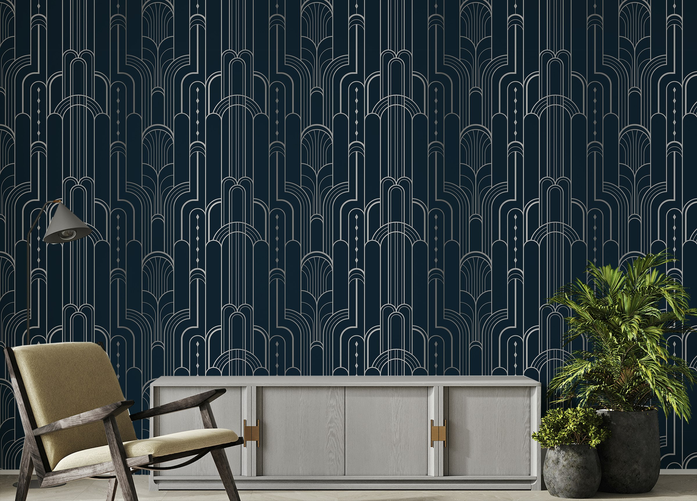 Peel and Stick Dark Blue and Silver Color Art Deco Removable Wallpaper