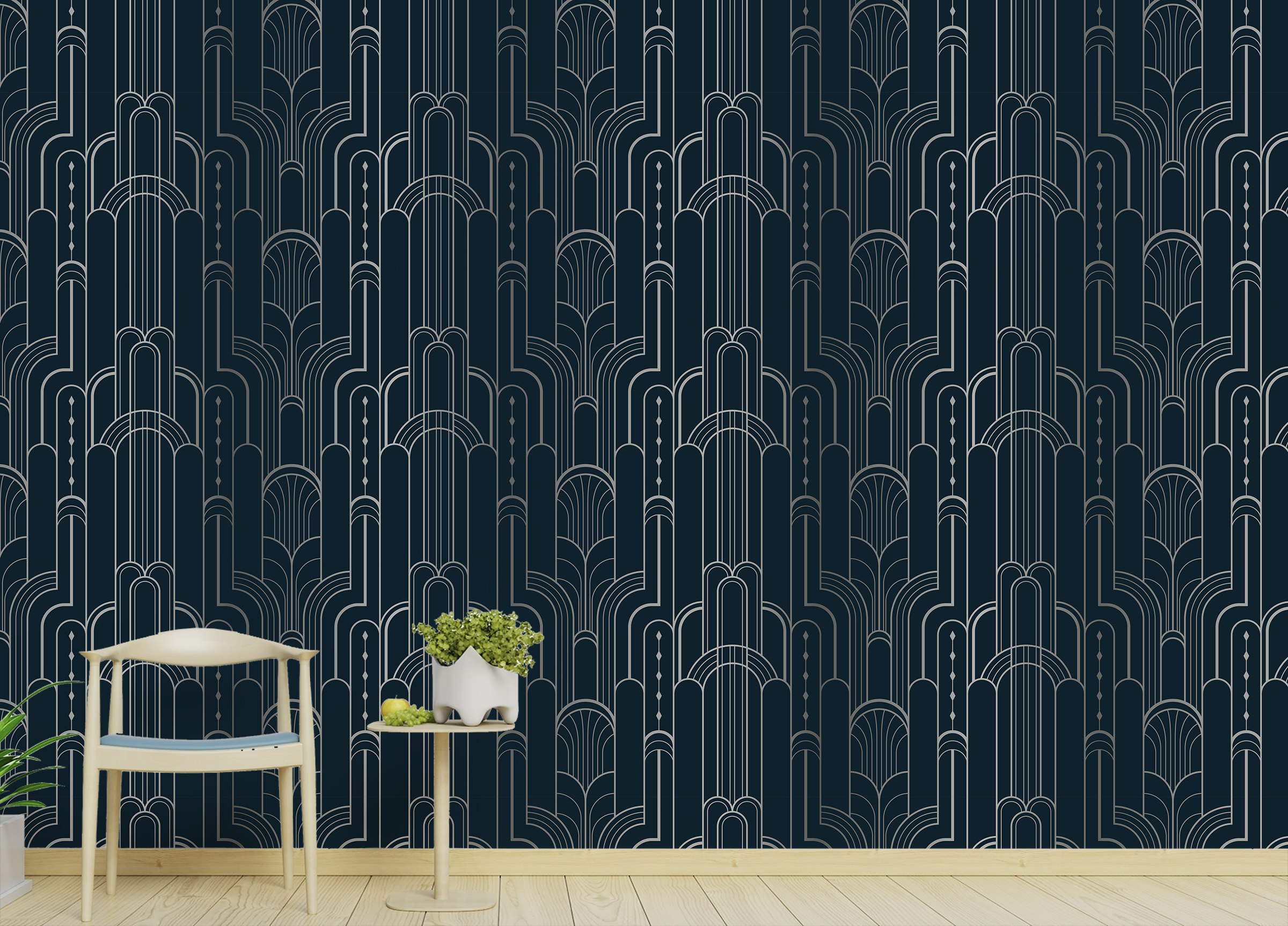 Custom made Dark Blue and Silver Color Art Deco Removable Wallpaper