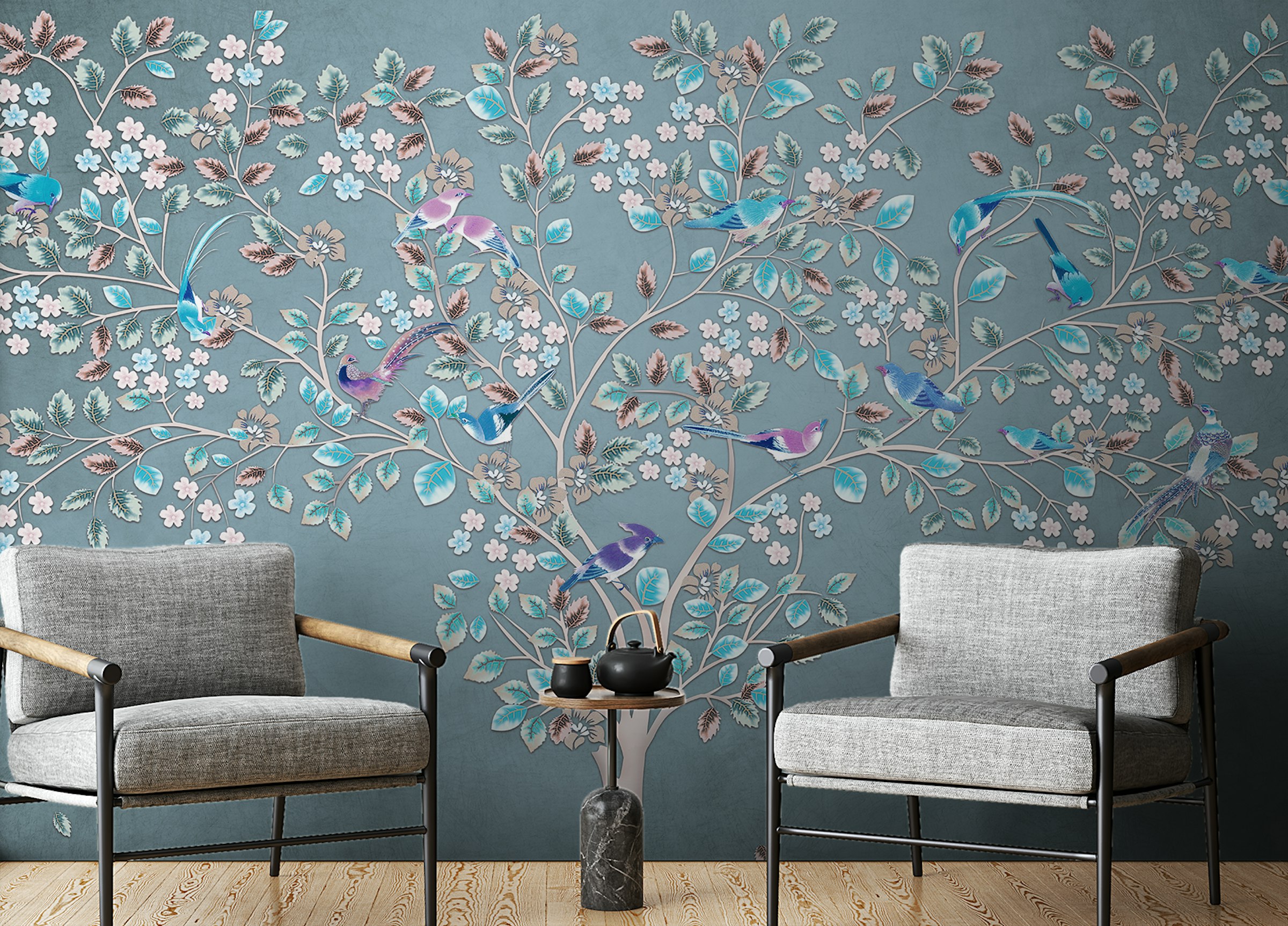 Peel and Stick Mystic Azure Canopy Flora and Fauna Wall Mural