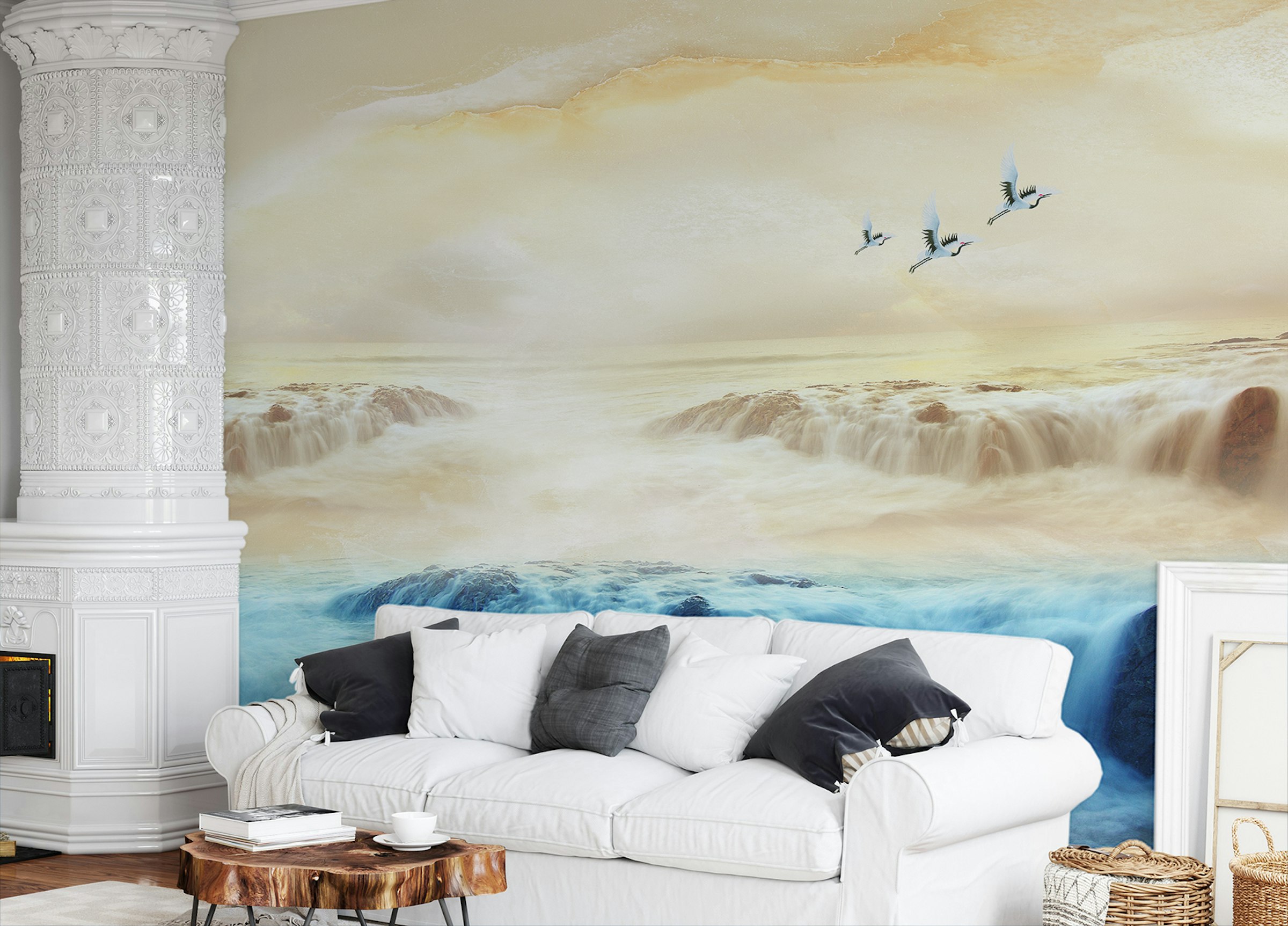 Peel and Stick Beige Sky Serenity Mountain and Crane Mural
