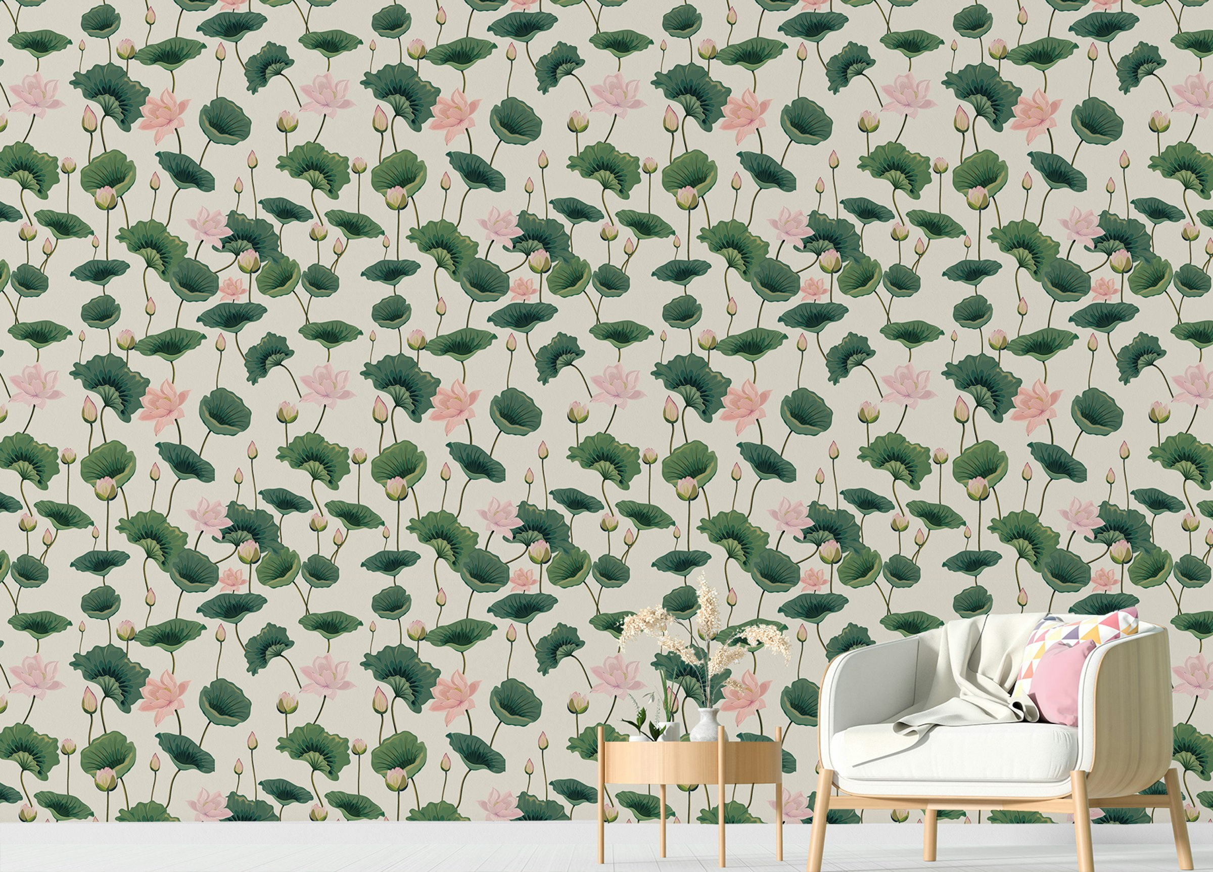Peel and Stick Blissful Lotus and Lush Greenery Wallpaper