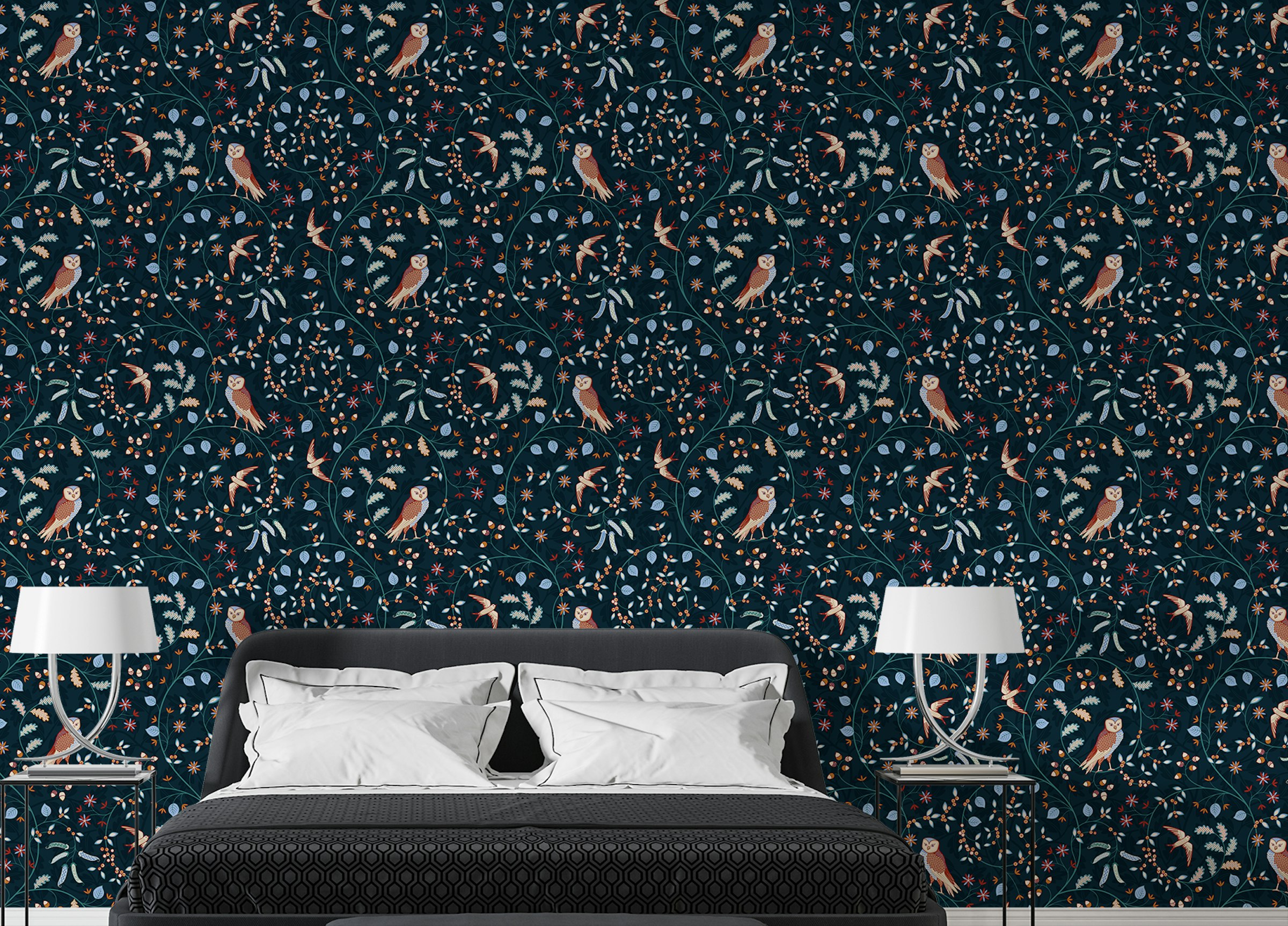 Custom made Owl and Leaves Design Wallpaper for Walls