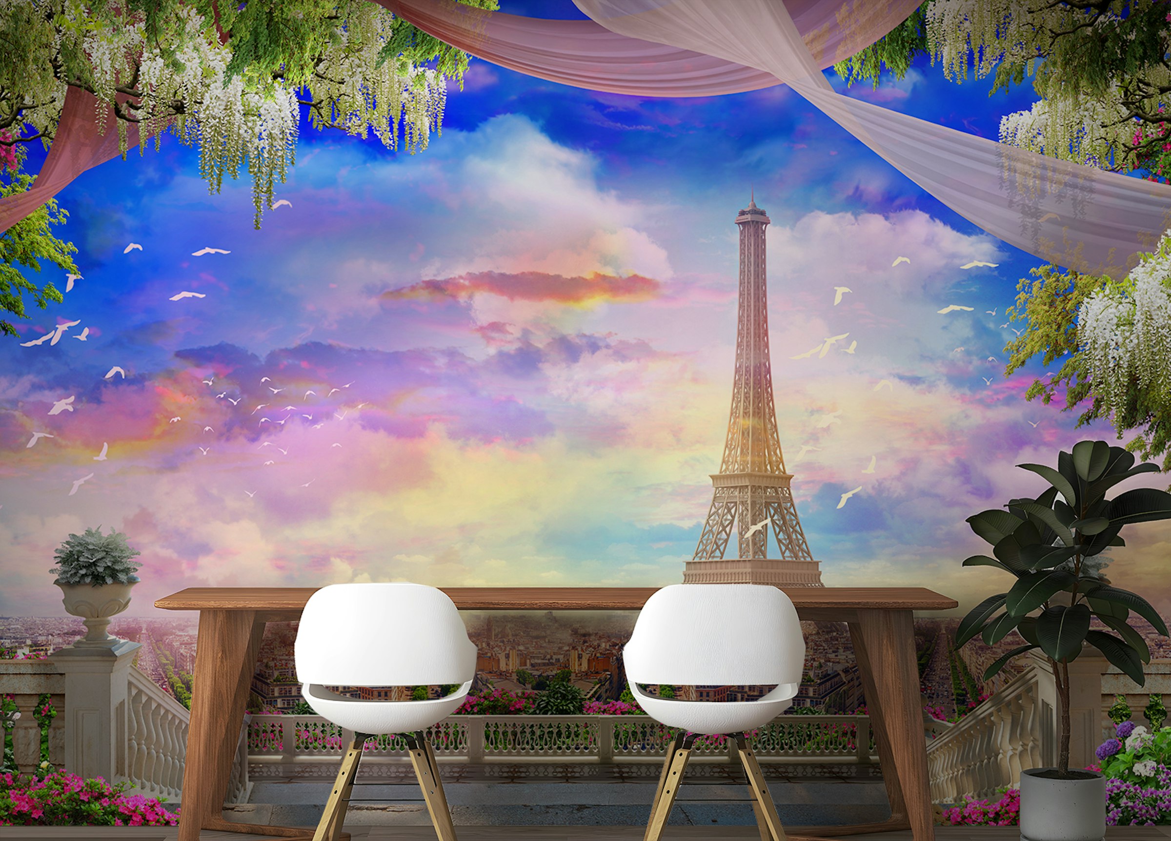 Peel and Stick Blush Sunset Over Paris Wall Murals