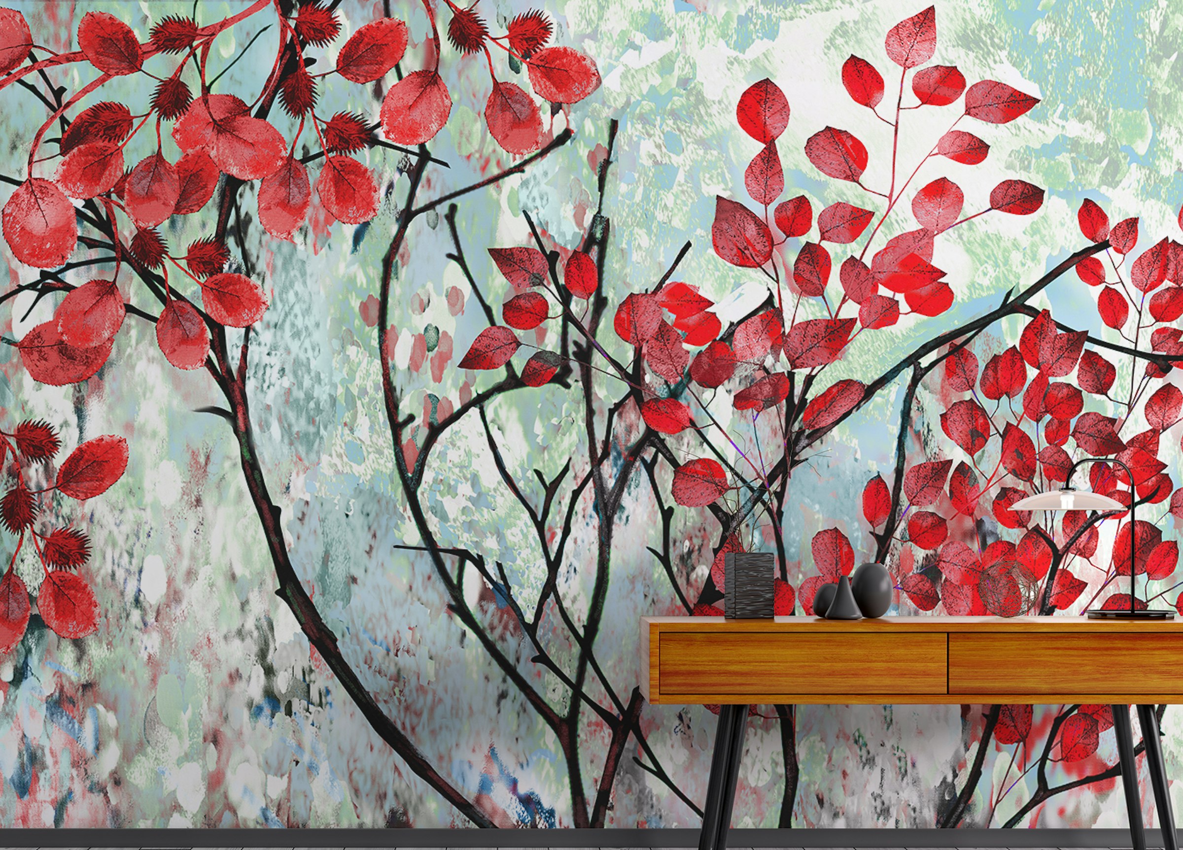 Peel and Stick Vibrant Red Leaves Wall Art Murals